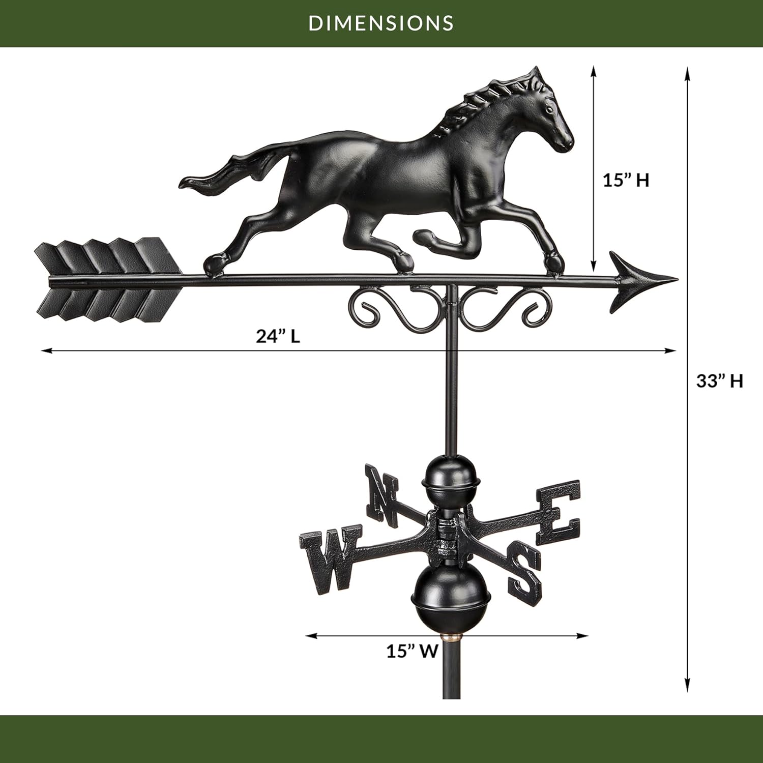 Galloping Horse Weathervane 1974K - Black Finish by Good Directions, 24"L x 15"H