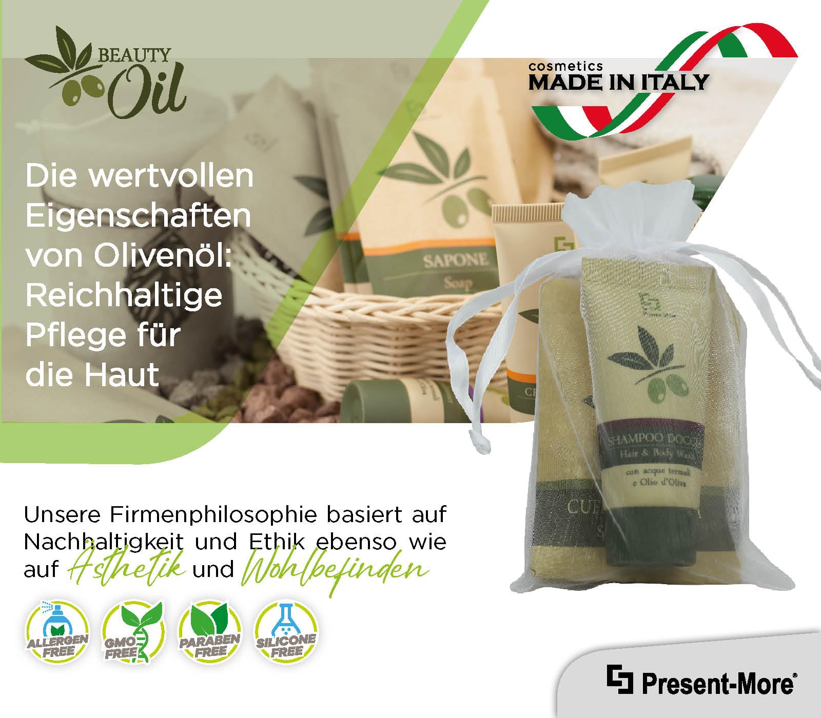 Present-More Amenities Kit Beauty Oil - Prestige Kit Toilettenartikel 35 Gäste für Hotels und B&B | Allergenfreie Amenities Kit mit Duftnote Tahitian