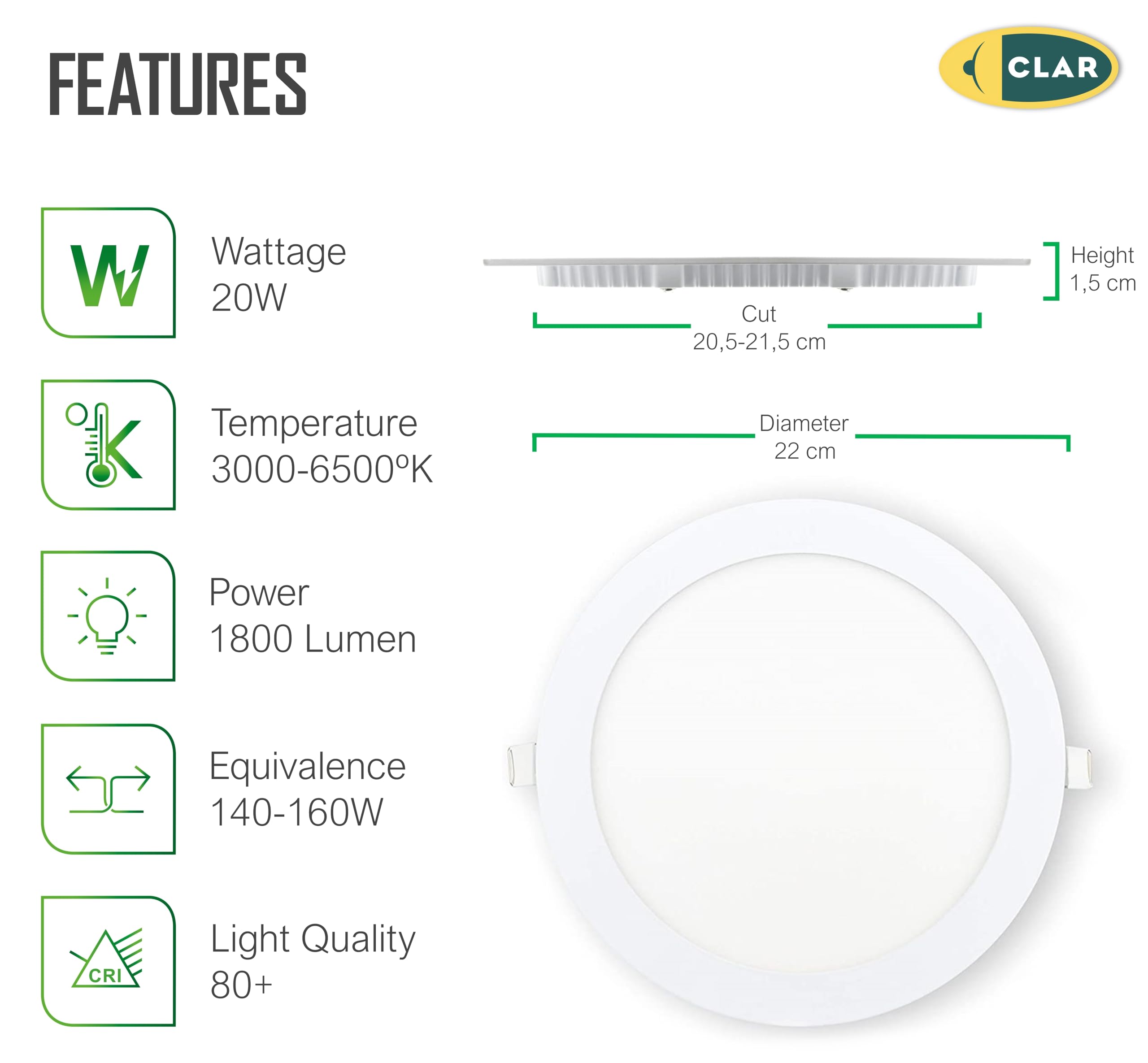 CLAR - Faretti LED da Incasso per Cartongesso, Faretti a LED da Incasso, Faretto Incasso, 4000ºK 20W Garanzia di 3 anni (Pack 10)