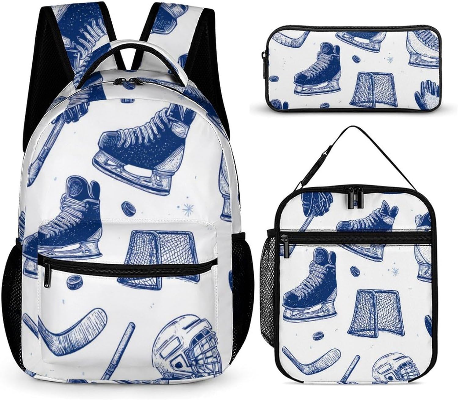 Ice Hockey Equipment Funny Backpack Set Lunch Bag Makeup Bag 3 in 1 | Cute Fashion Shoulder Bags Daypack Tote for Men Women Travel
