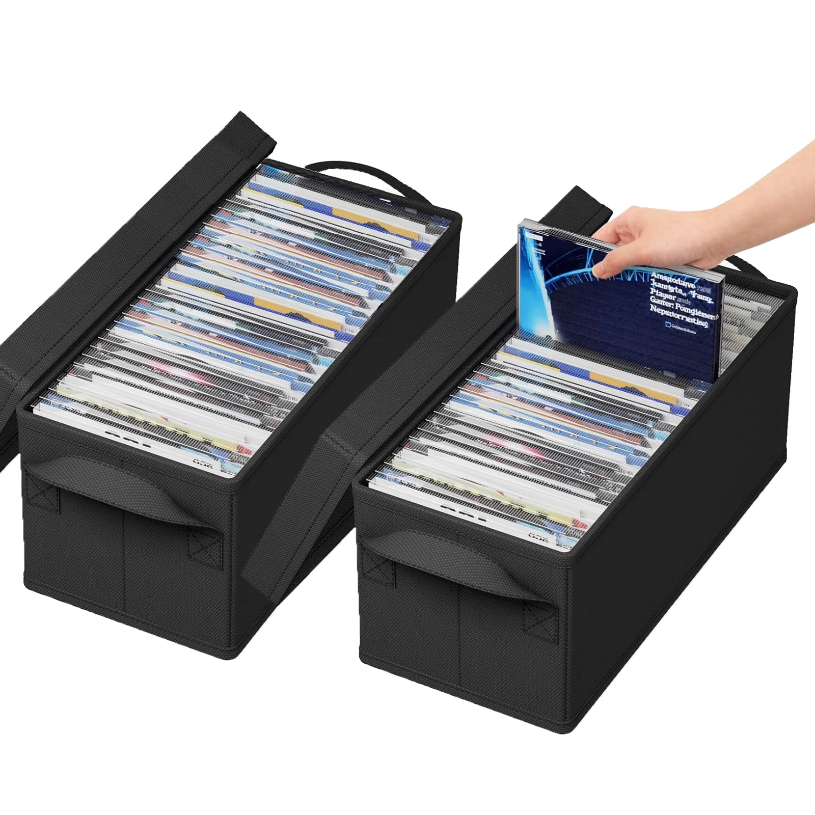 Lot de 2 boîtes de rangement pour DVD, 40 x 20 x 15 cm boîtier de rangement DVD avec couvercle, conteneur pouvant contenir 50 DVD dans des boîtiers standard, 85 DVD dans des étuis fins et 220