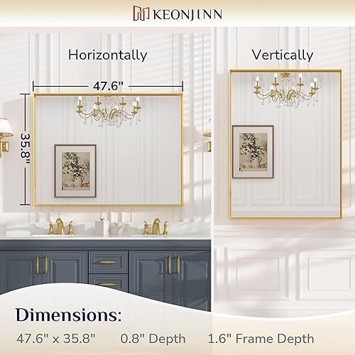 Miniatura 9 de Keonjinn Espejo de baño dorado de 48 x 36 pulgadas, espejo rectangular con marco de metal dorado cepillado, espejo de pared grande rectangular