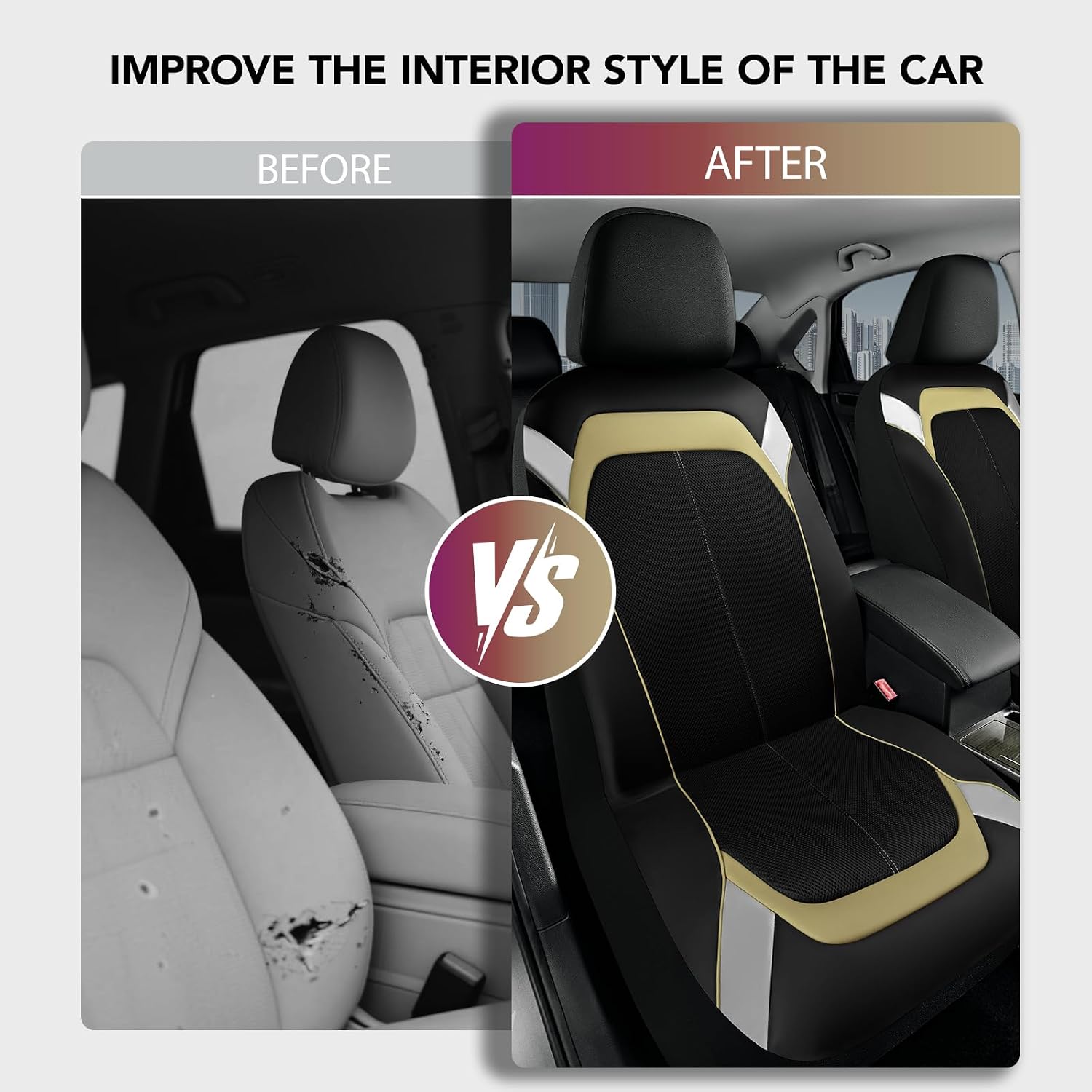 PIC AUTO Car Seat Cover – Silver & Beige Leather with Breathable Mesh Seat Cover for Cars, Stylish Two-Tone Leather Front Seat Covers, Universal Fit, Durable for SUV, Truck, Sedan, Vehicles