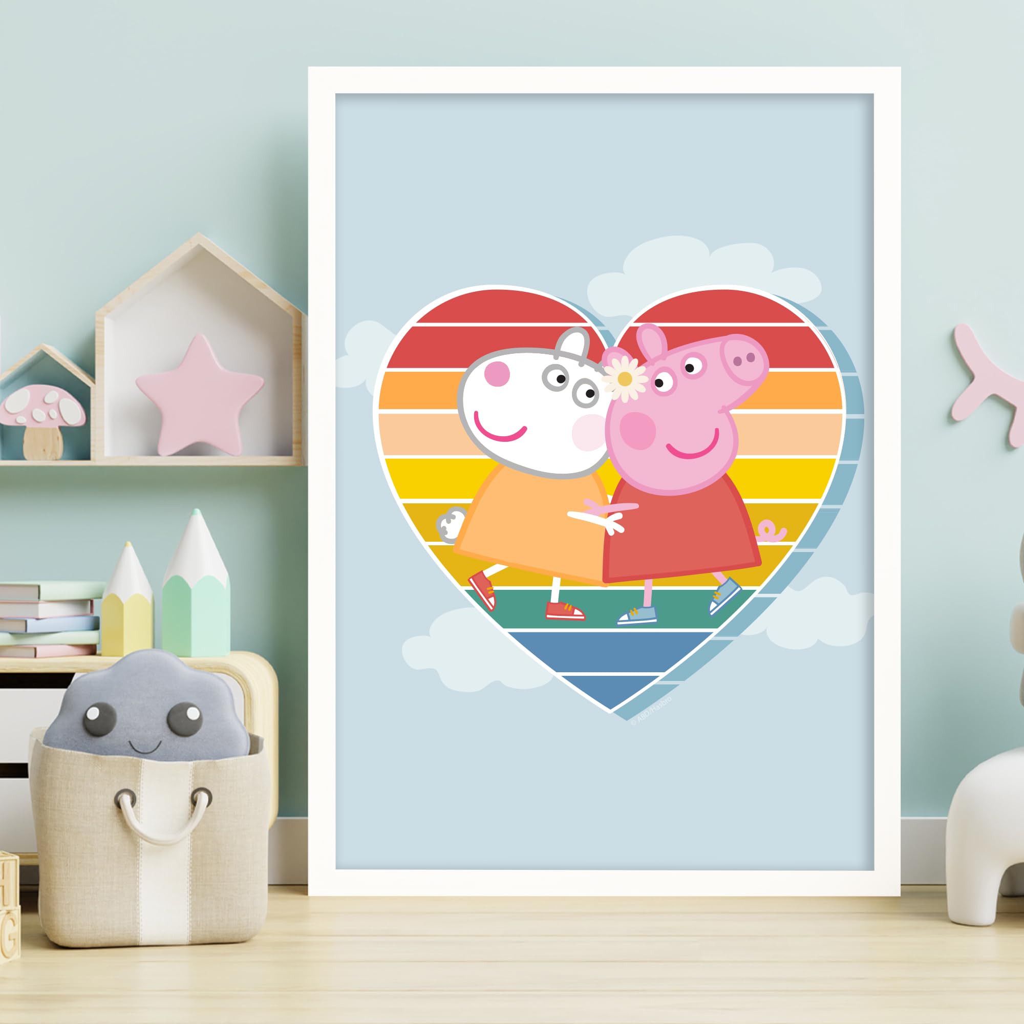 Themed Blue Peppa Pig Print - Peppa And Suzy Rainbow Heart And Clouds Poster Wall Art (21Cm X 29.7Cm - A4)