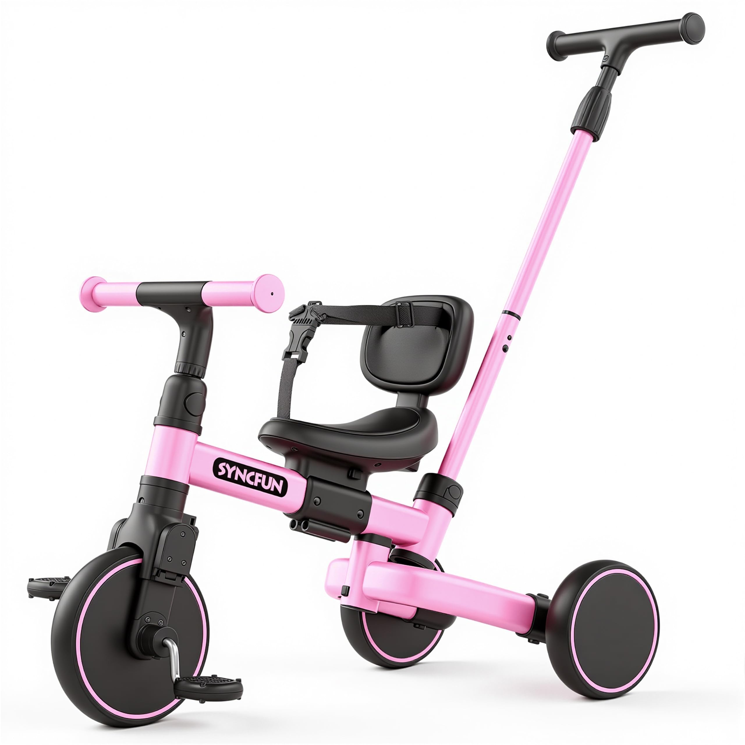 SYNCFUN 5-in-1 Toddler Tricycle for 1-5 Year Old Boys & Girls, Baby Bike with Parent Push Handle, Balance Bike, Toddler Bike & Pedal Trike, Adjustable Seat & Handlebar, Ride On Toys for Toddlers(Pink) — image 1