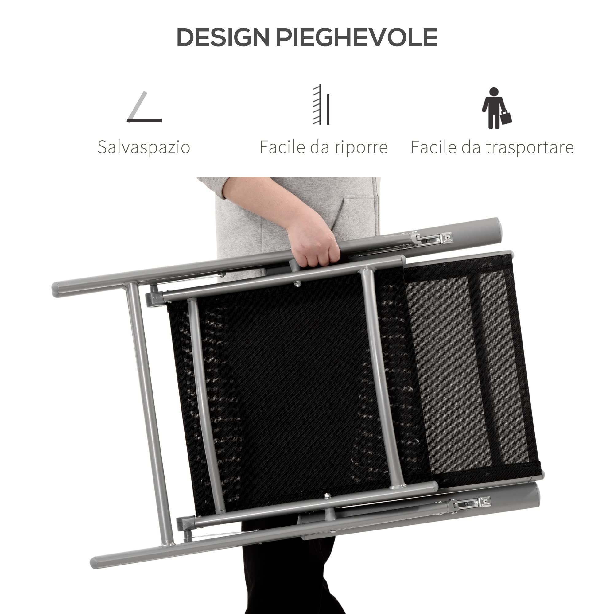 Outsunny Sedia da Giardino Pieghevole Alluminio Texteline Schienale Regolabile 7 Livelli Nero 65x55x85-105cm