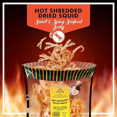 Vista 2 de Spicy Hot Saki Ika - Bocadillo seco de sepia - Cecina de mariscos hawaianos - Alta en proteínas, baja en grasa, baja en calorías (2.5 onzas)