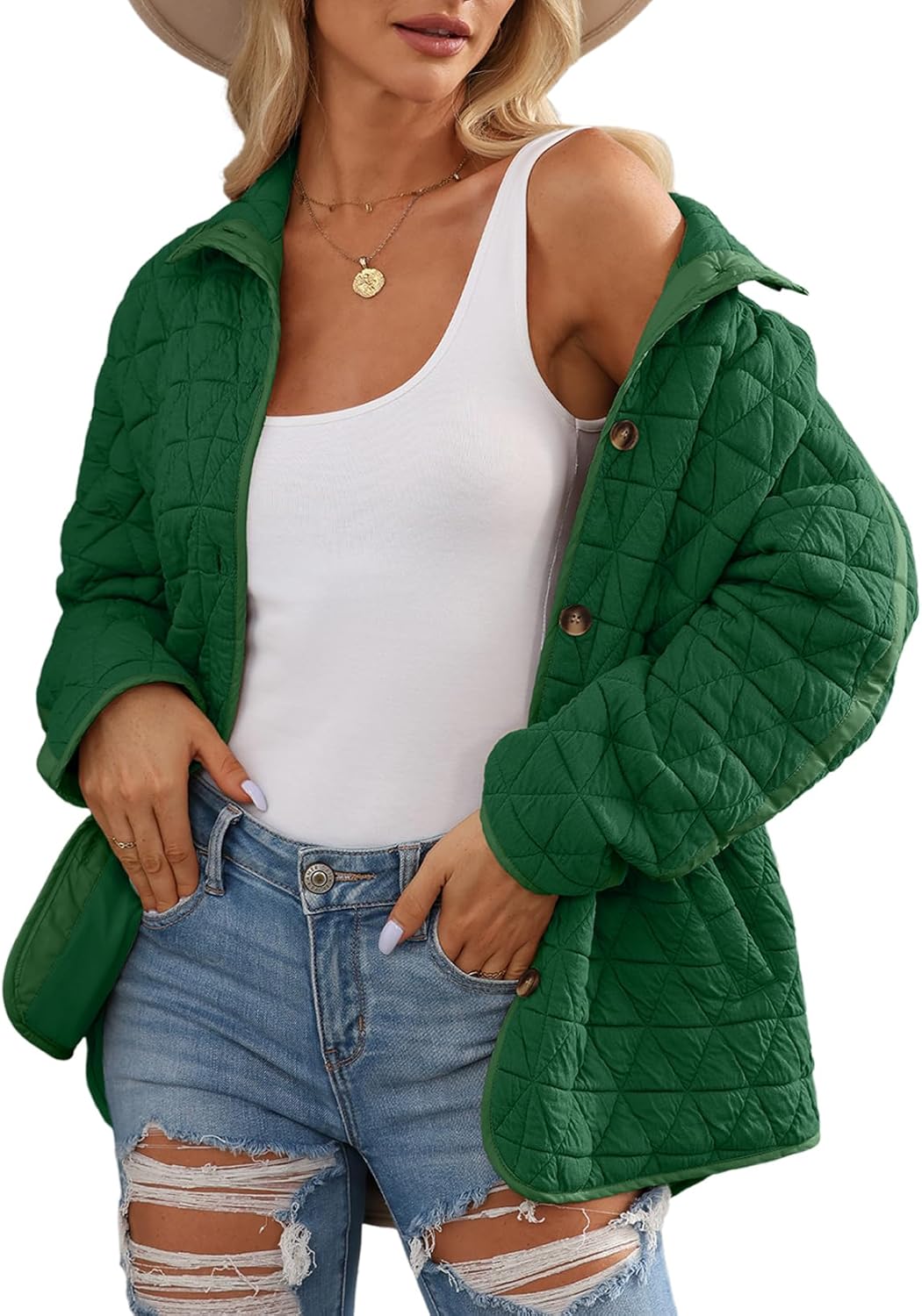 EVALESS Women's Lightweight Diamond Quilted Jacket Casual Winter Open Front Button Down Puffer Coat Outwear Cardigan