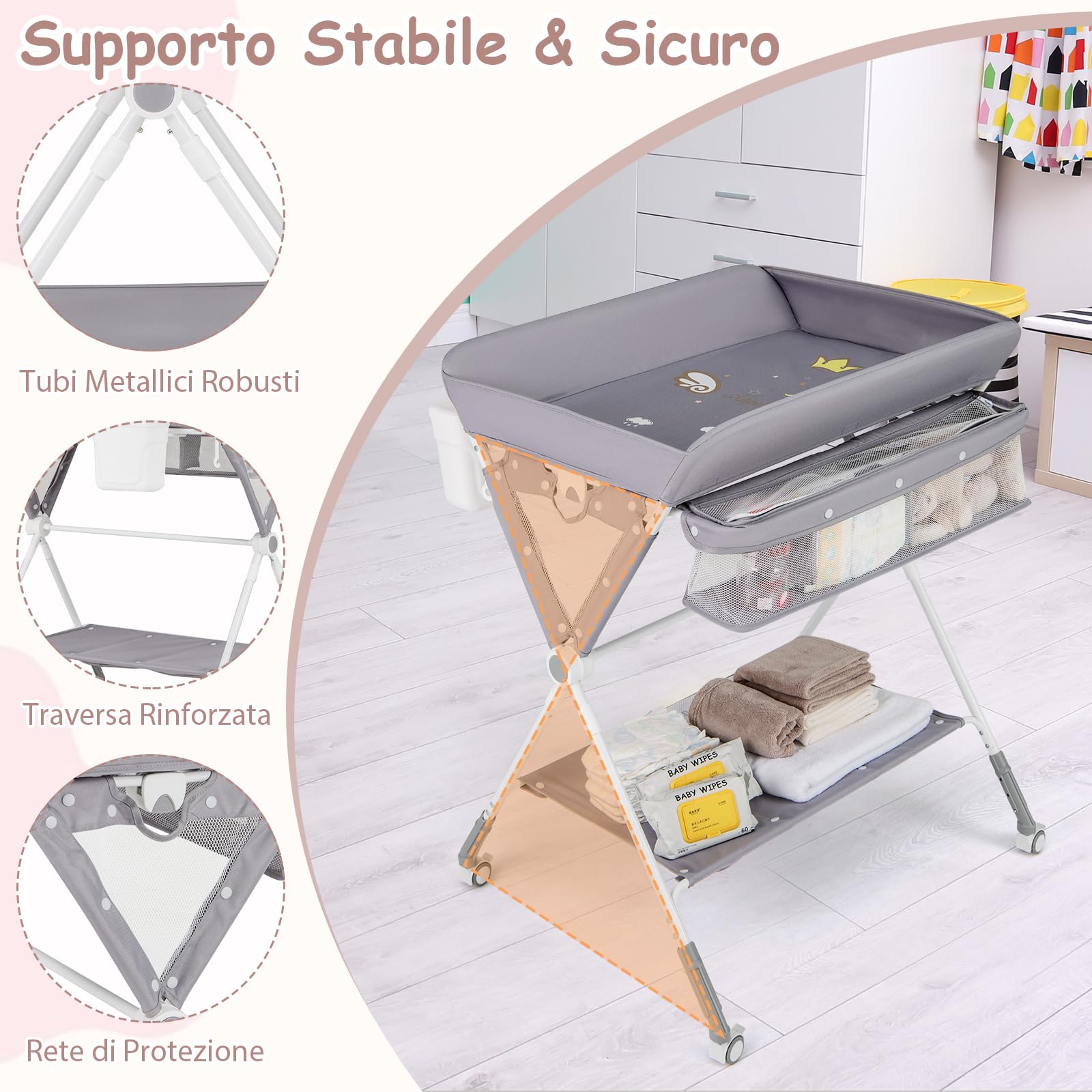 RELAX4LIFE Cambiador de Bebé Plegable con 4 Ruedas Giratorias con Frenos, 3 Alturas Ajustables, Cestas de Almacenamiento y Cinturón de Seguridad, Cambiador Bebe Mueble para Bebé 0-12 Meses (Gris)