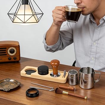 28PCS Espresso Accessories Kit,51mm Espresso Tamper Tools,Includes Wood Station,Distributor,Stirrer,Dosing Funnel,Brush,Puck Screen,Frothing Pitcher,Latte Pen,Powder Ring,Towel,Decorative Stencils