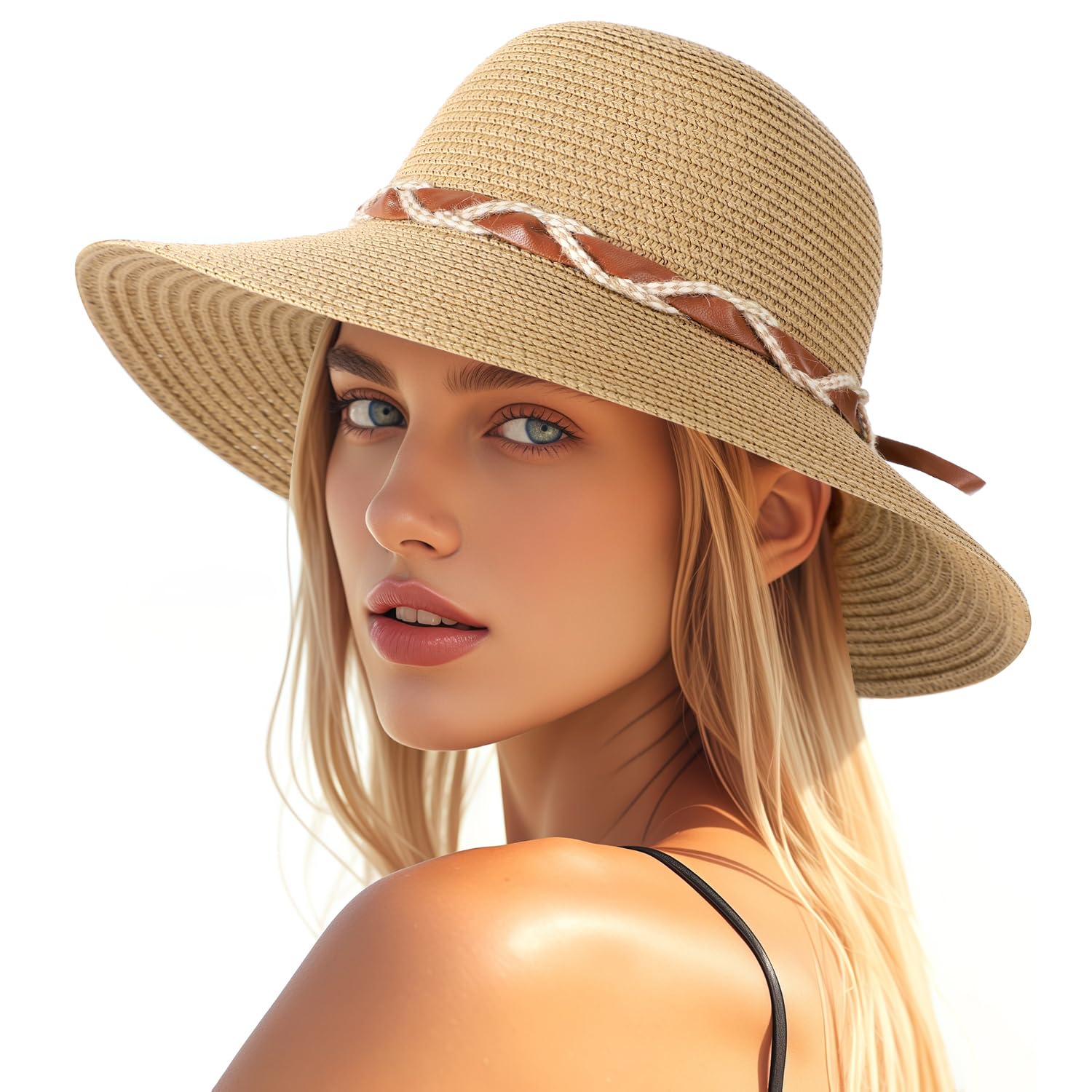 Beach Hat for Women, Wide Brim Sun Straw Hats for Women, Sun Hat Womens UPF 50+ UV Protection, Floppy Foldable Summer Hats
