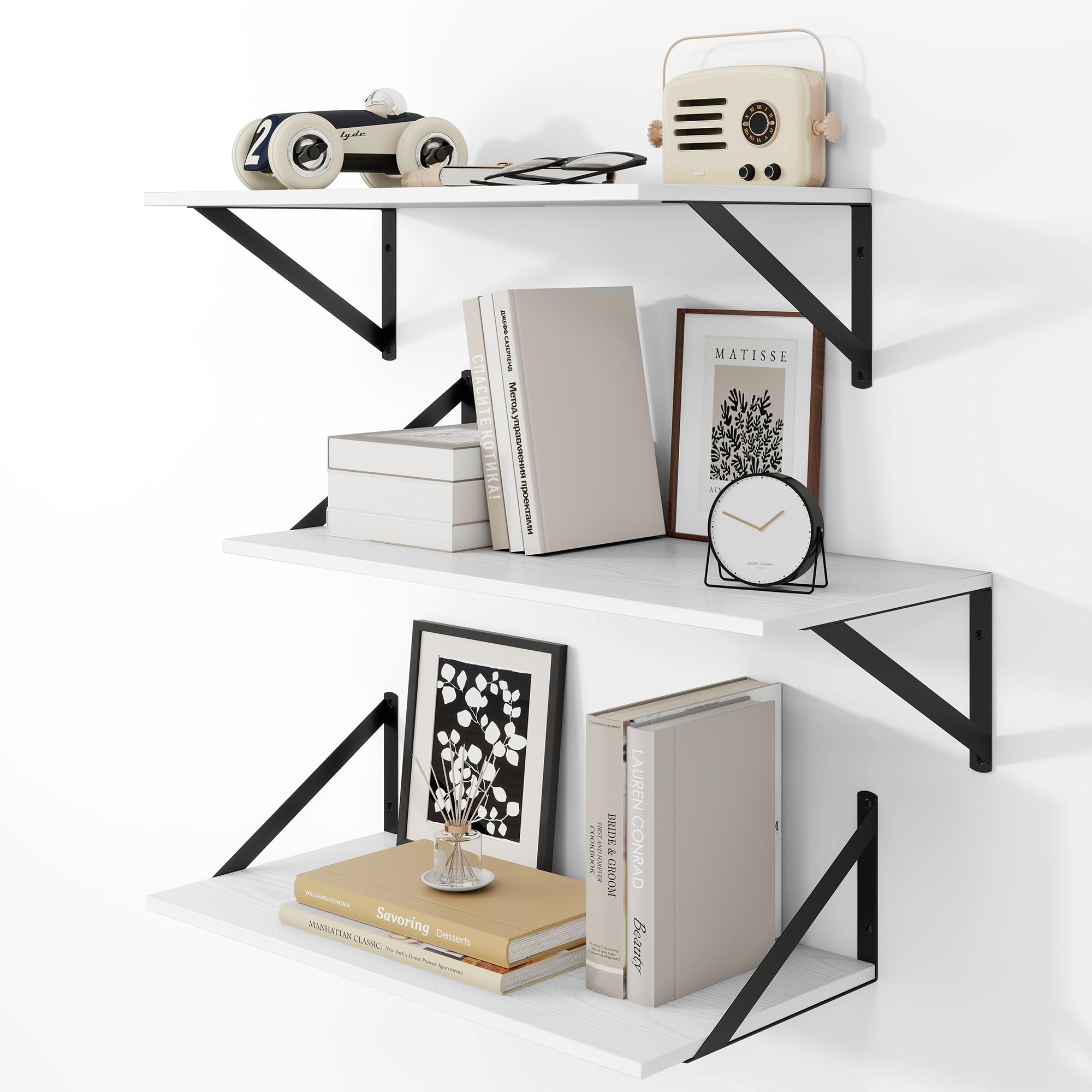 Heimlove 24" W x 12" D Wall Shelves for Books, 12 Inch Deep Floating Shelves Set of 3, Wide Floating Bookshelf with Metal Bracket for Living Room,