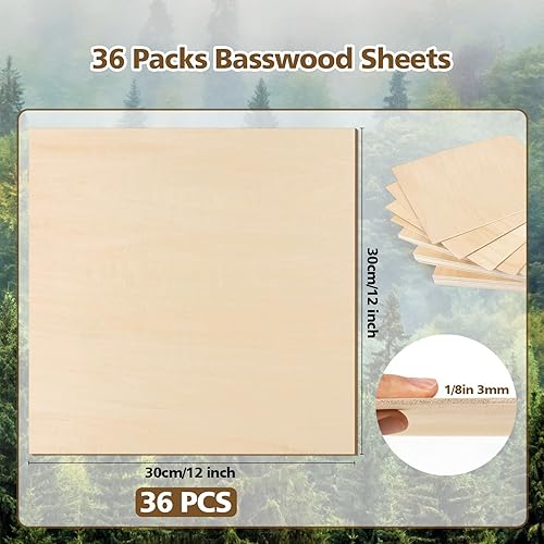 Miniatura 2 de Basswood Sheets 18 x 12 x 12 inch - 3mm Basswood Sheets Plywood Sheets Balsa Wood, 36Pcs Square Unfinished Wood Board for DIY Crafts, Laser Cutting,