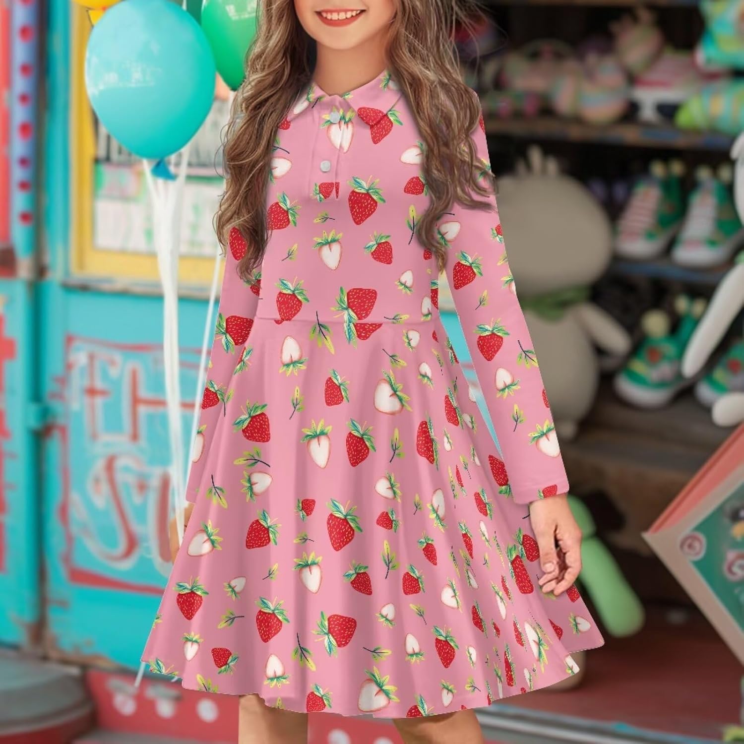 Girls A-Line Dress Fall Long Sleeve Sundress Casual Lapel Collar Dresses for Outing Gifts