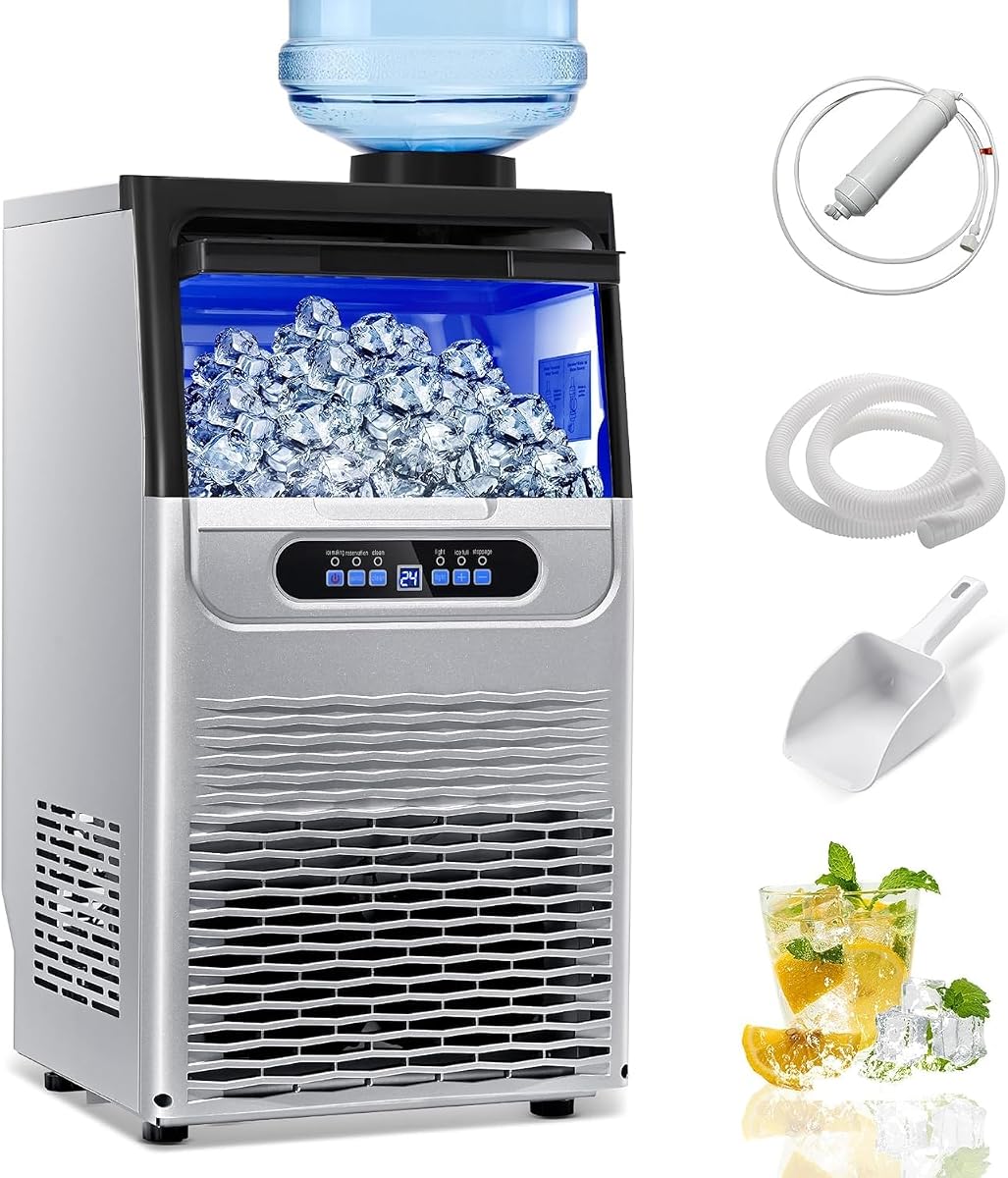 100LBS/24H Commercial Ice Maker Machine Under Counter/Freestanding | Dual water inlet, 36 cubes/cycle, 22LBS storage, for home, bar, restaurant and coffee shop