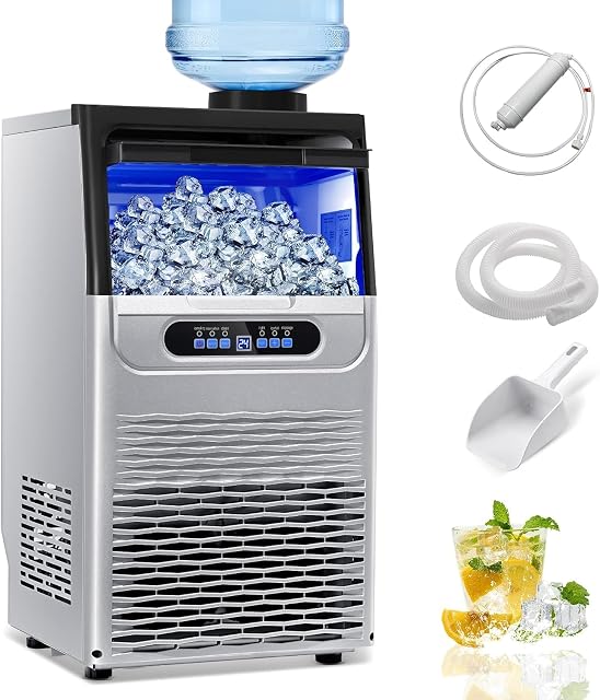 100LBS/24H Machine de fabrication de glace commerciale, machine à sous à double entrée d'eau ou machine à glace autonome, 36 Cubes/Cycle avec 22LBS Stockage pour la maison, bar, restaurant, café