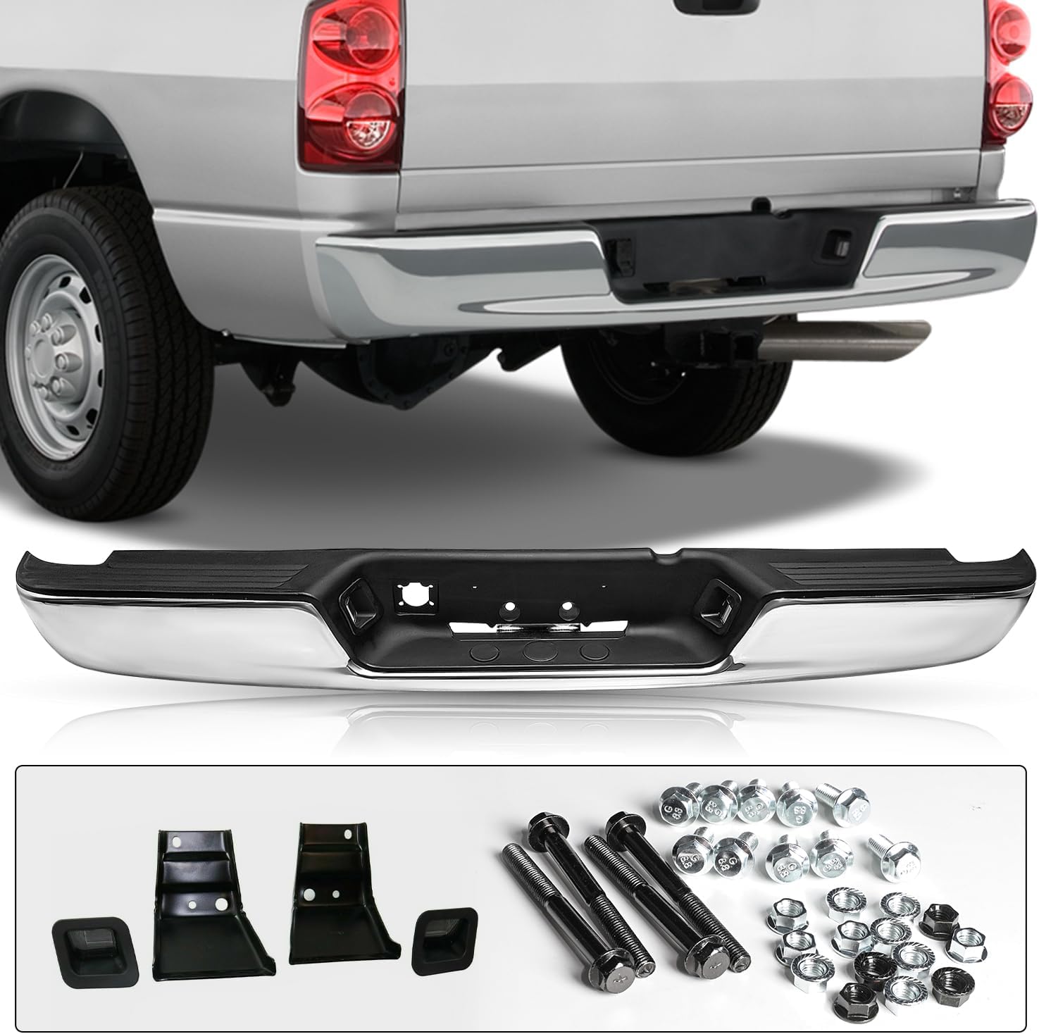 JSBOYAT Rust Resistance Rear Bumper Assembly Fits for 2002-2008 Dodge Ram 1500/2003-2009 Ram 2500 3500 Pickup Heavy Duty Chrome Back Bumpers W/Top Pads License Plate Lamp CH1103111