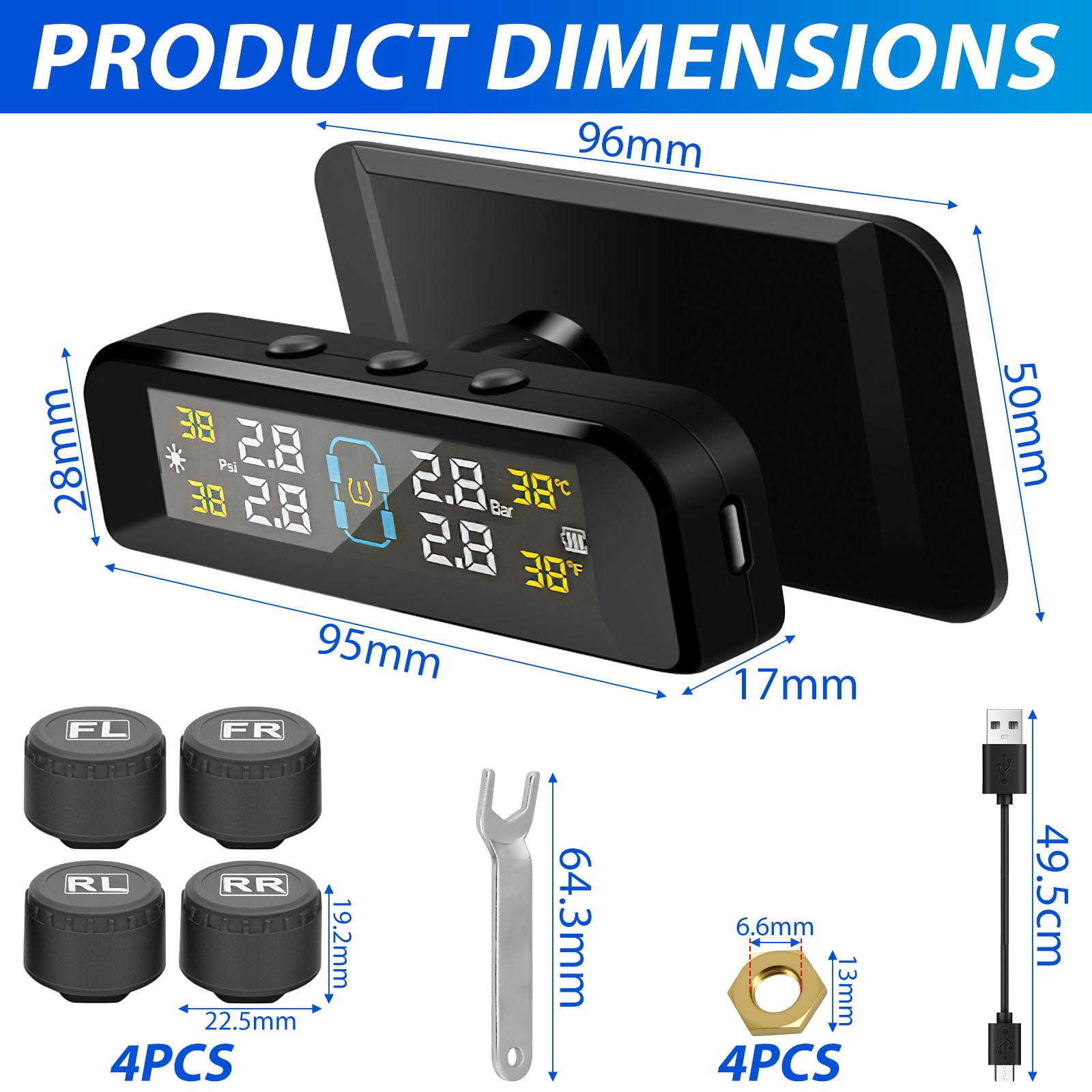 Système de Surveillance de la Pression des Pneus TPMS avec 4 Capteur Pression Pneu 0-6 Bar Charge Solaire et USB Surveillance en Temps Réel avec Alarme pour Voiture Camping-Cars Remorques