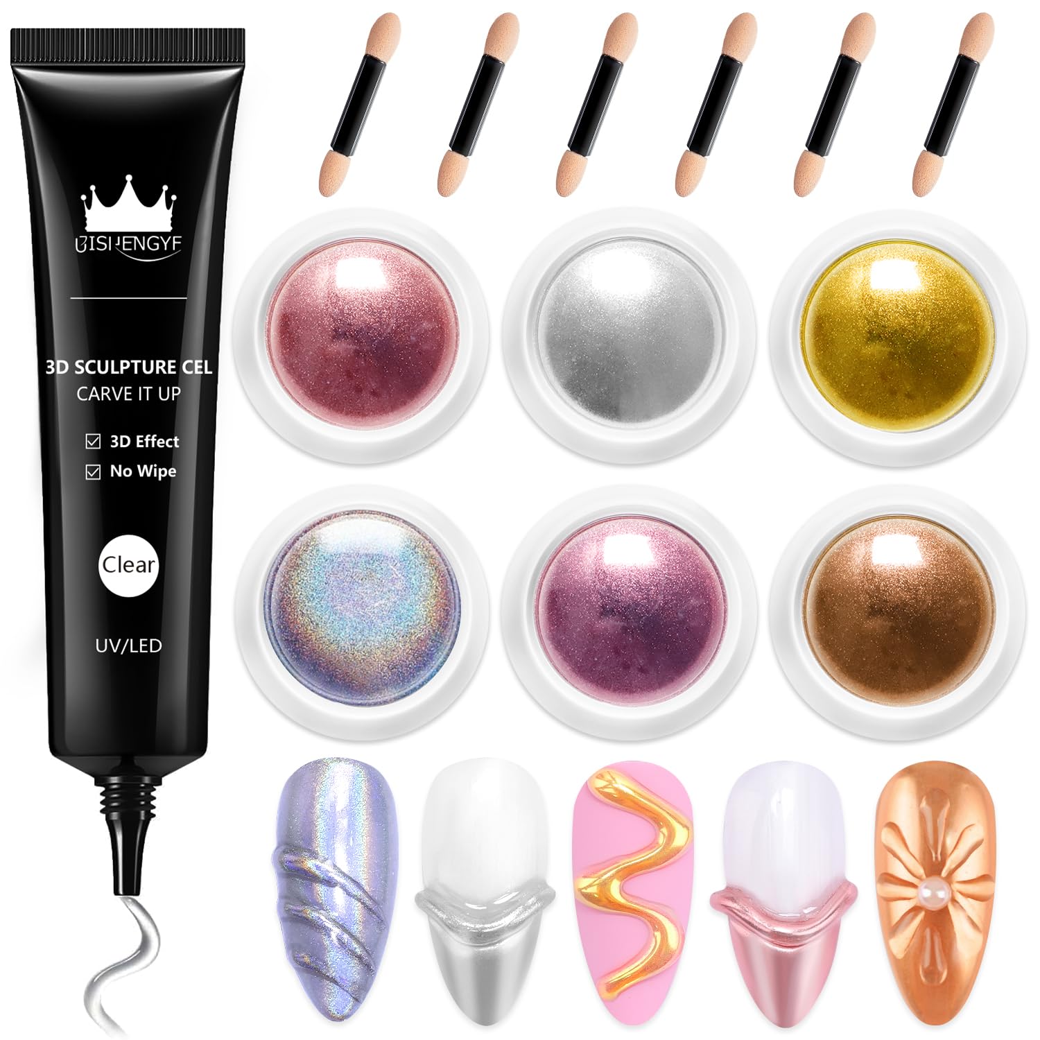 BISHENGYF Chrome Nail Powder & 3D Gel Nageldesign Kit 4-in-1, mit No-Wipe Spiegelnagel Pulver für Roségold & Silber Nägel,Clear Solid Base Colour 3D Nail Gel Design DIY Nail Art Enthusiast Home