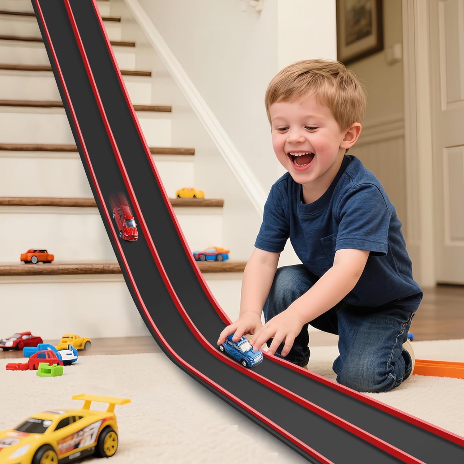 Flexible Race Track for Kids, 15Ft Flexible Car Track Race Car Track Compatible with Hot Wheels and Diecast 1/64th Cars, Flex Tracks Roll Up Race Ramp Toy with Strong Suction Cups