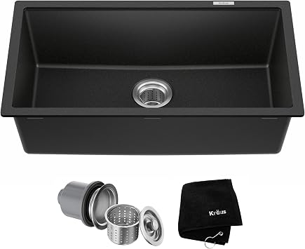 KRAUS Quarza 31 بوصة Undermount Single Bowl Granite Kitchen Sink in Black Onyx، KGU-413B