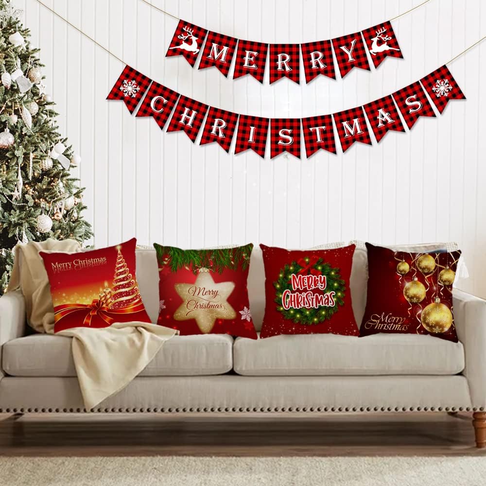 Set of 4 Christmas Pillow Covers 20x20 Inch Xmas Pillow Cases Velvet Throw Pillow Covers Red Gold Winter Holiday Cushion Covers Outdoor Couch Sofa Home Decorations for New Year