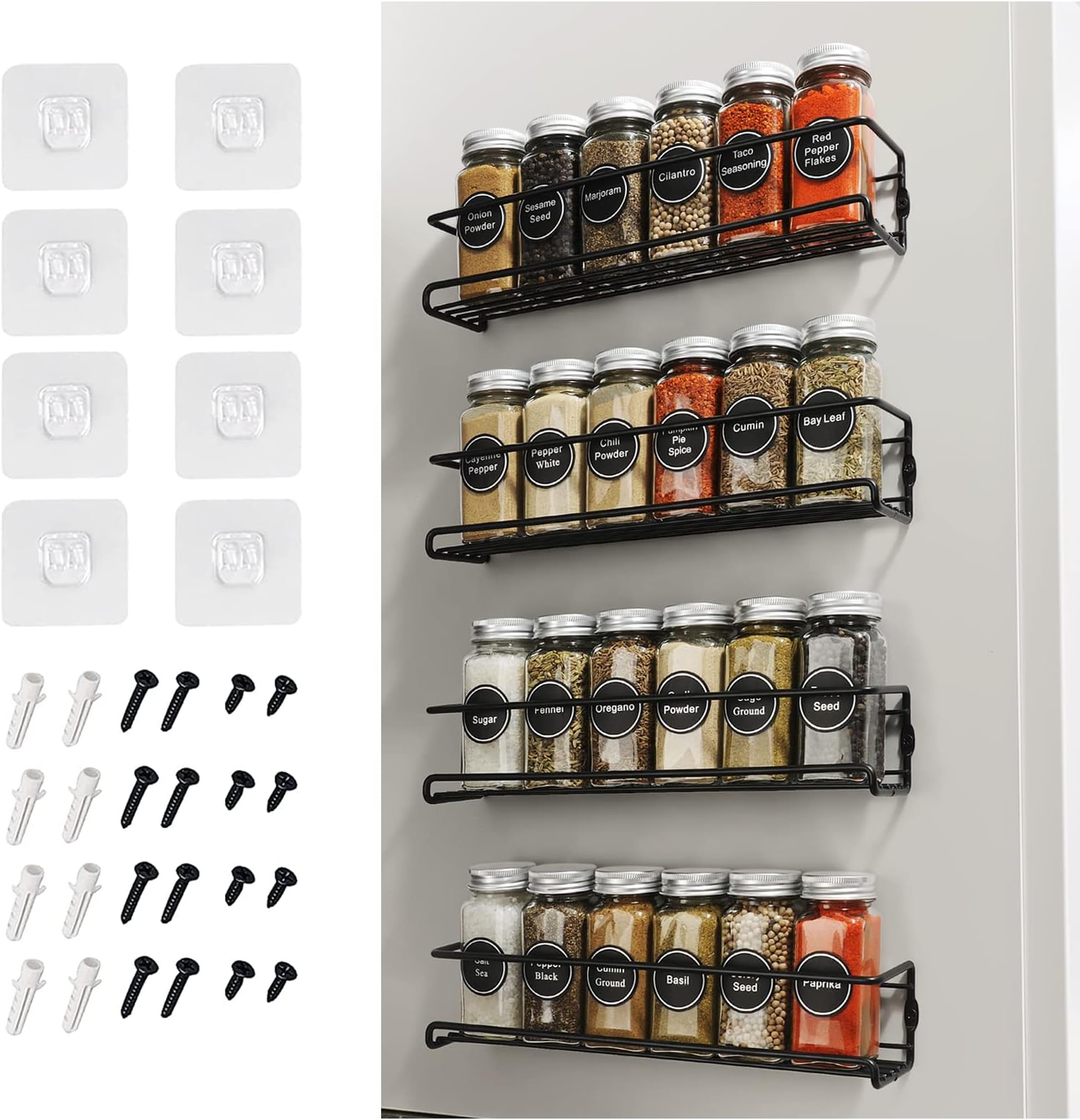 VIAV 4 Pack Spice Rack Organizer, Wall Mounted Storage Rack Hanging Shelf - Perfect Seasoning Organizer For Your Kitchen Cabinet, Cupboard or Pantry Door, Black