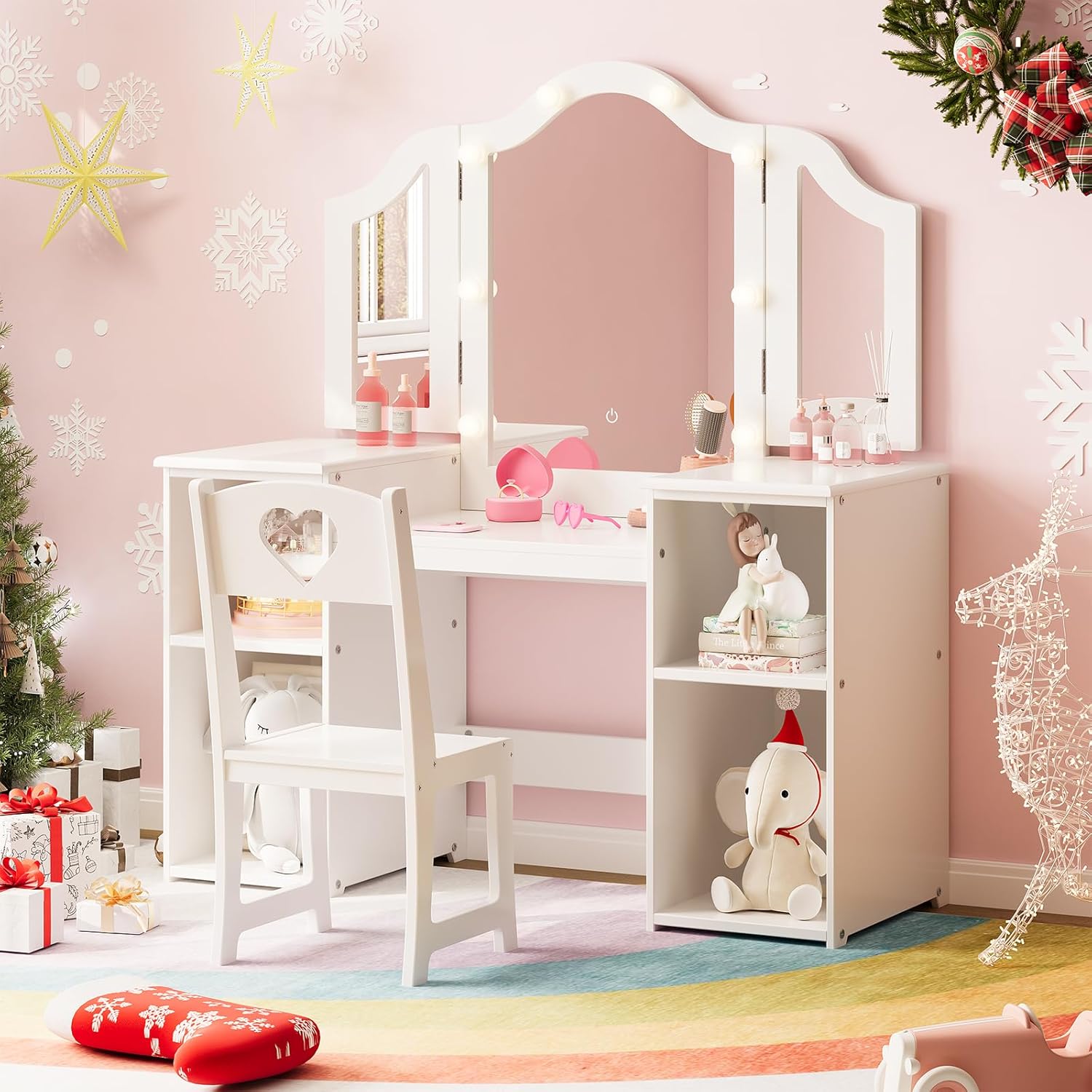 Kids Vanity Table, Girls 2 in 1 Princess Makeup Desk with Touch Light Detachable Tri-Folding Mirror, Open Storage Shelves, Wood Makeup Playset with Chair, Princess Vanity Table for Little Girls