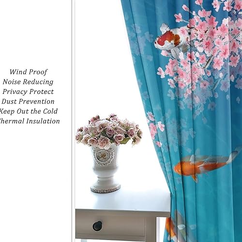 Miniatura 6 de Cortinas retro de pez japonés para dormitorio, estilo rústico, asiático, japonés, flor de cerezo, aislamiento térmico, oscurecimiento de la