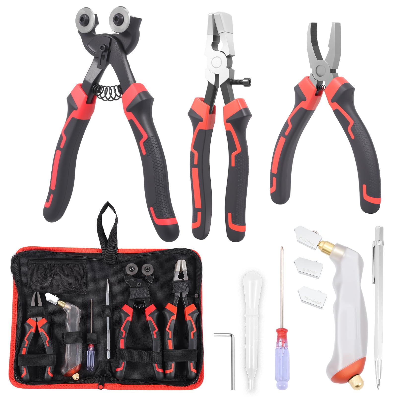 Lulobtg Red And Black 12 Pcs Glass Cutting Tool Kit Glass Cutter 2-20Mm Heavy Duty Glasses Cutting Tool For Stained Glasses Tiles Mosaic