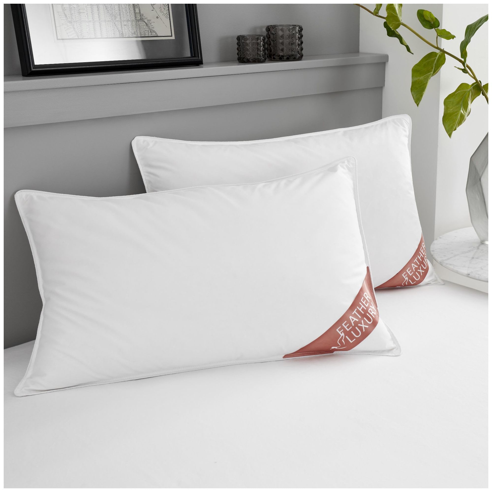 VELVETIO Duck Feather Pillows 2 Pack, Comfy Hotel Quality Pillow Pair, Hypoallergenic Anti Dust Mite, Washable Head Support Down Pillow, White, (48x74 cm)