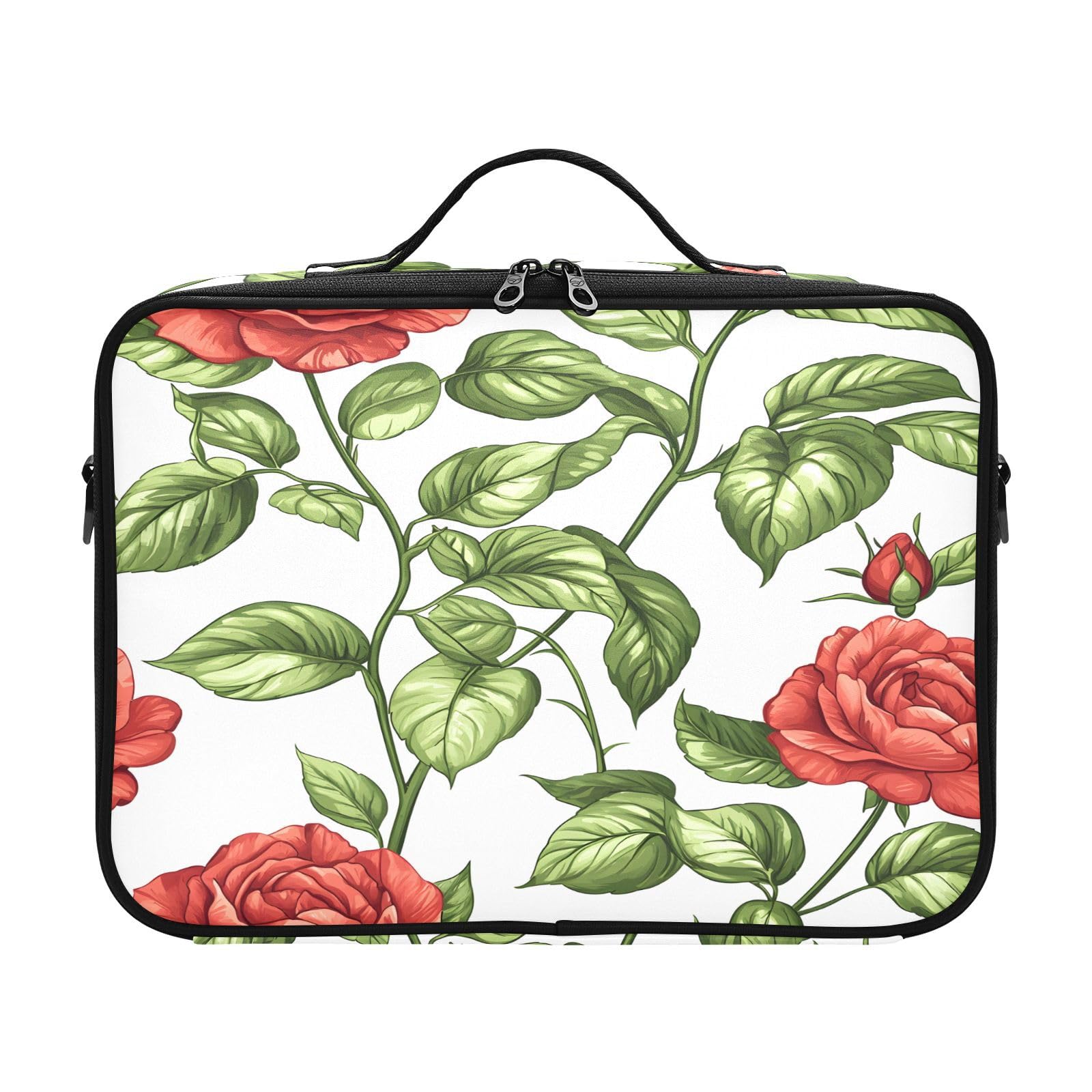 zyrtty Travel Makeup Train Case Red Rose Flower Green Plants Leaves Cosmetic Organizer Portable Storage Bag with Adjustable Dividers for Cosmetics Brushes Toiletry Jewelry Digital Accessories