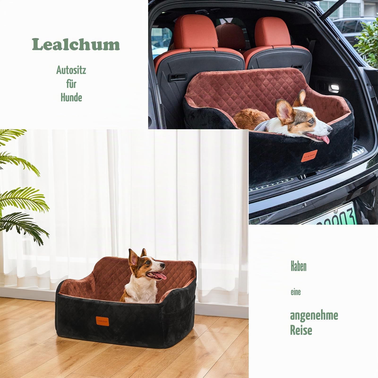Lealchum Hundeautositz für große Hunde, weicher Stoff Auto Hundebett Füllung Memory Foam, Autositz für Hunde mit 2 Clip-On Hundeleinen, Abnehmbarer und waschbarer Haustier Autositz (Grey,Large)