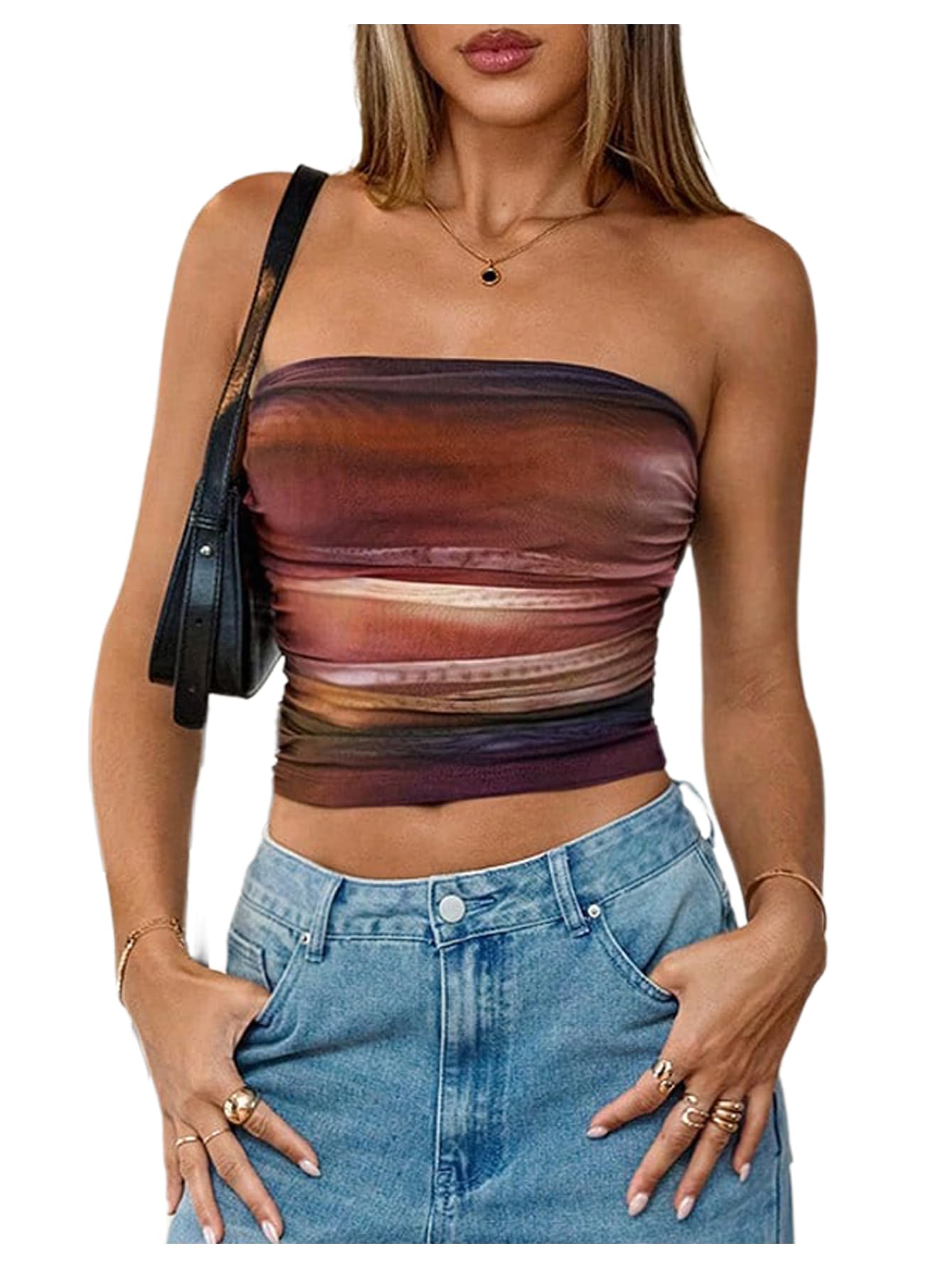 RoseSeek Women's Tie Dye Ruched Strapless Tube Top Sleeveless Fitted Elegant Crop Tops Going Out Bandeau