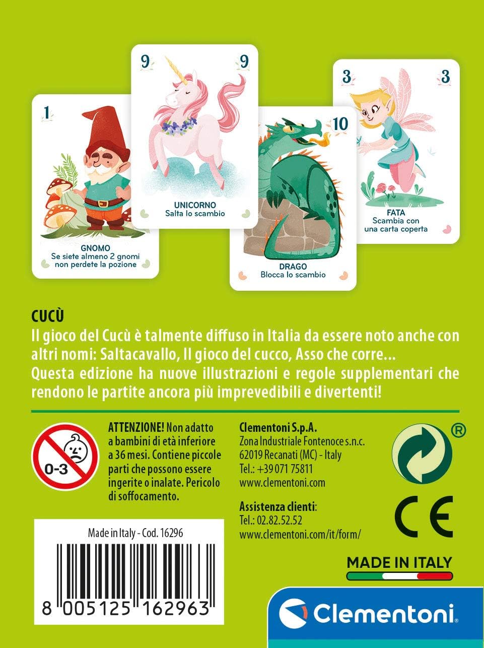 Clementoni - Cuckoo, Deck of 66 Illustrated Cards, Board Game for Children 6+ Years and The Whole Family, 2-12 Players, Made in Italy, Italian Language, 16296