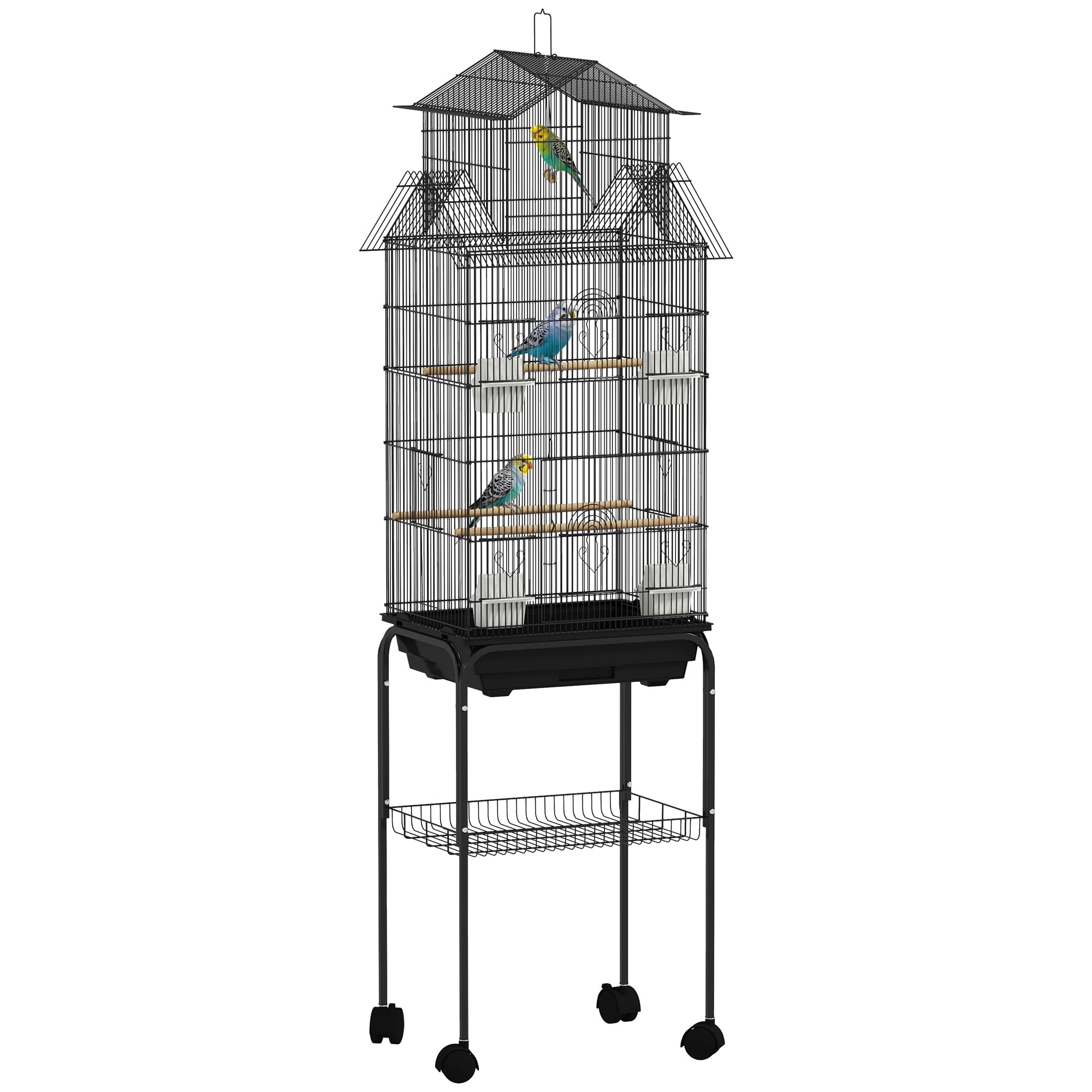PawHut Jaula para Pájaros con Ruedas Pajarera de Acero 50,5x41x163 cm con Comederos Perchas Columpio y Bandeja Extraíble Jaula Grande para Loros Canario Periquito Negro