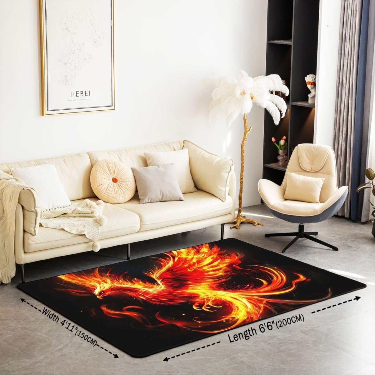Castle Fairy Phoenix Mat Rug for Living Room Bedroom,Fire Phoenix Flying Bird Soft Cozy Carpet Ancient Wildlife Decor Floor Mat Red Black Room Decorative Rug,3x5