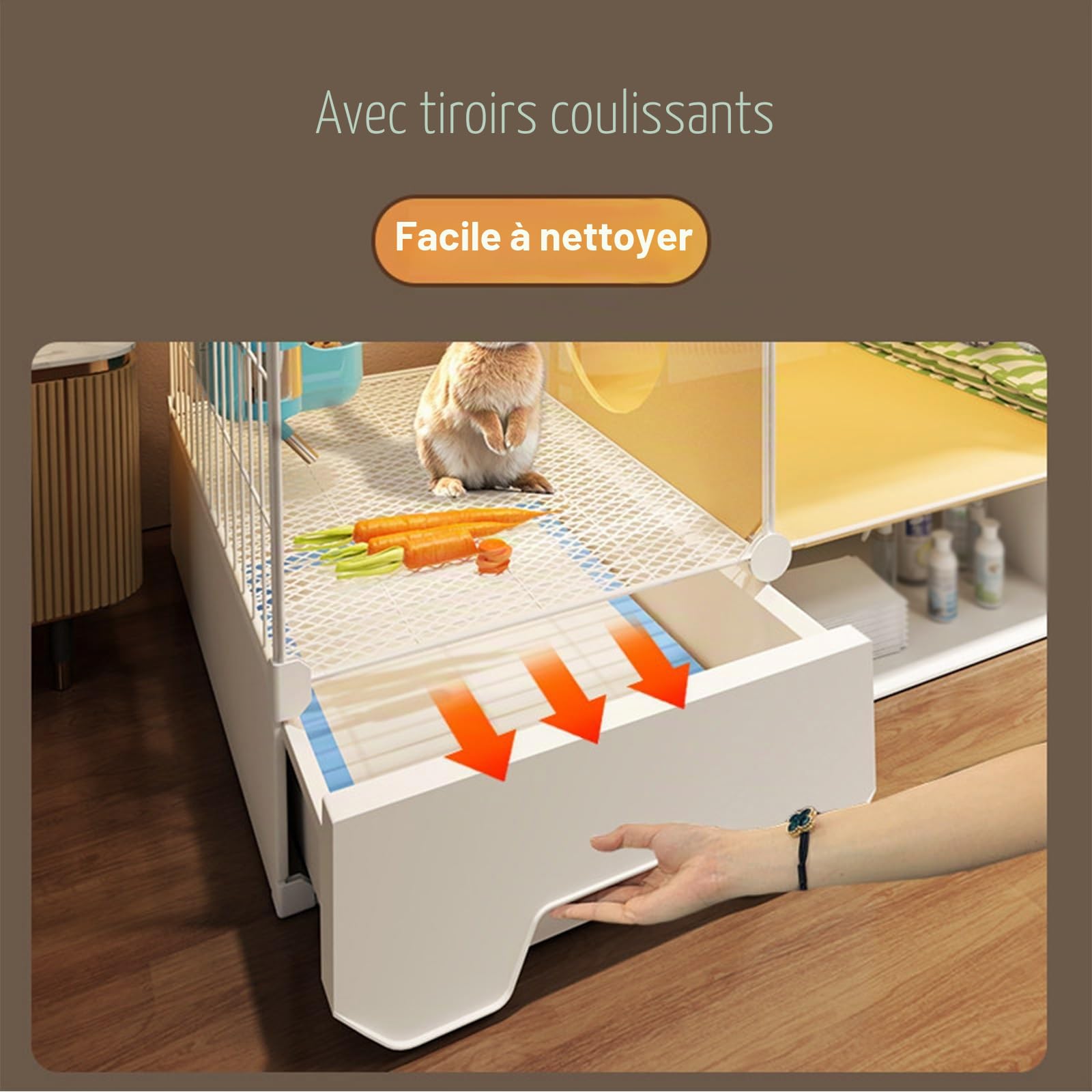 Cage Lapin d'intérieur, Cage avec Plateau Coulissant et Espace de Rangement, Maison Lapin Transparente, for Petits Animaux(106x45x53CM)