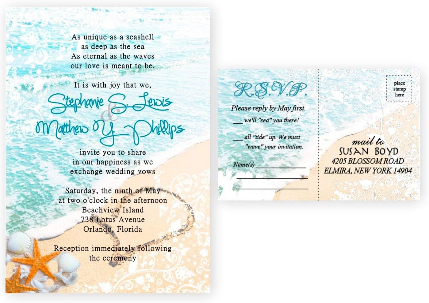 Beach Wedding Invitations Starfish Seashell Invite Cards & Response Rsvp Cards Bridal Custom Set of 50