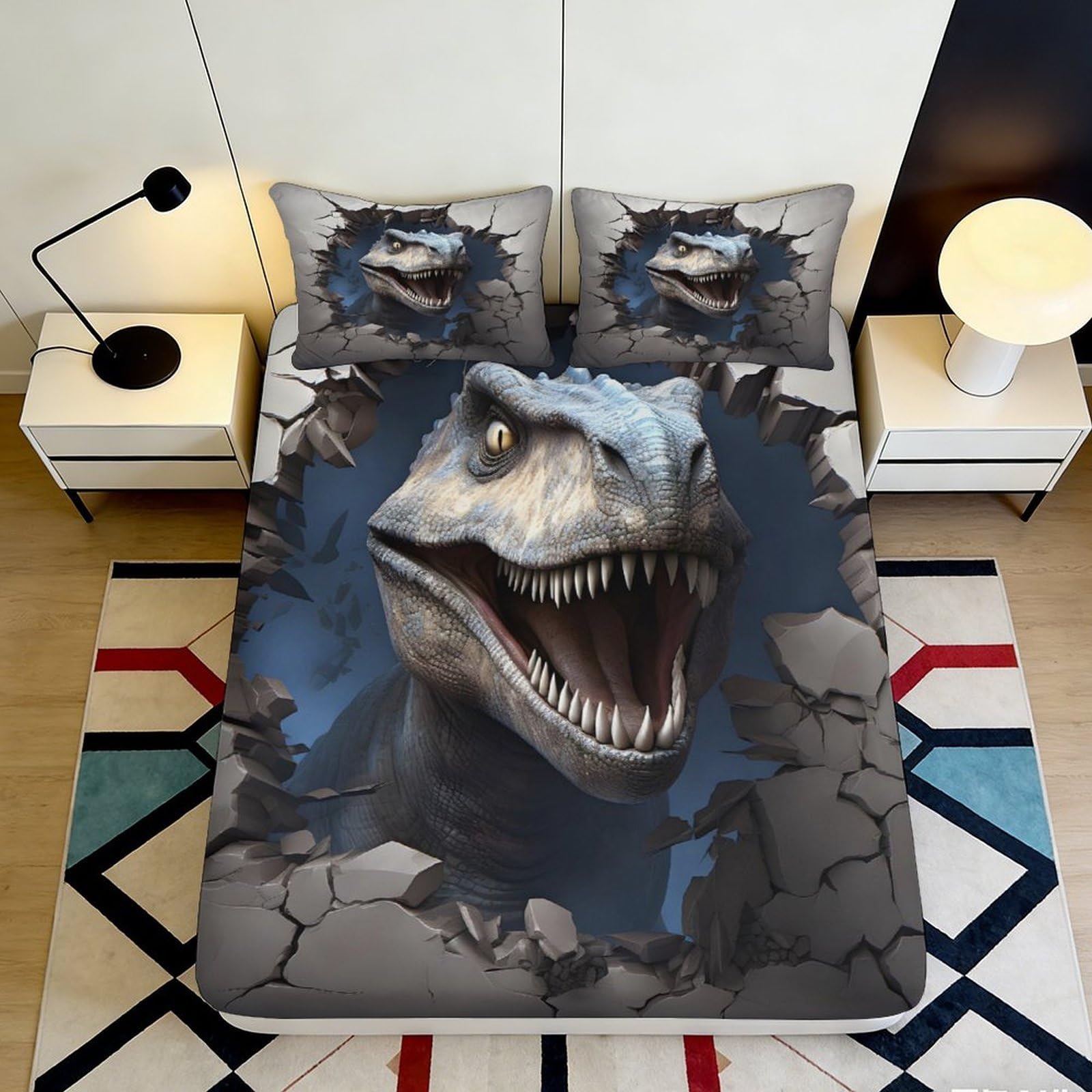 3D Printed Dinosaur Breakthrough Fitted Sheet Microfiber Soft Blue Grey Jurassic Mattress Cover for Bedroom Dorm Mattress Protection Decor 120x200x25cm