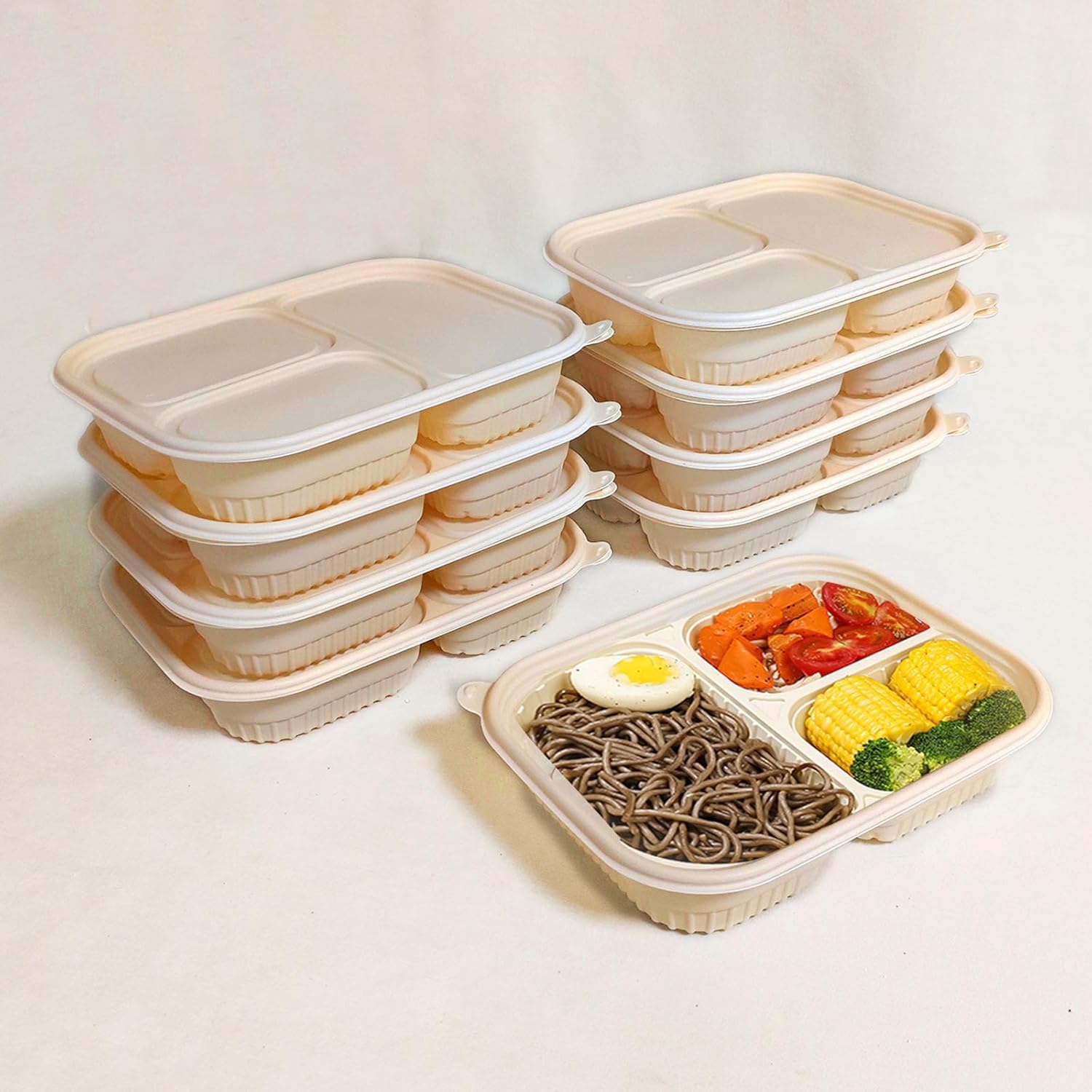 50 Pack of 3-Compartment Disposable Biodegradable containers, 36 Ounce food containers, compostable to gocontainer, Stackable, Microwave Refrigerator Safe.