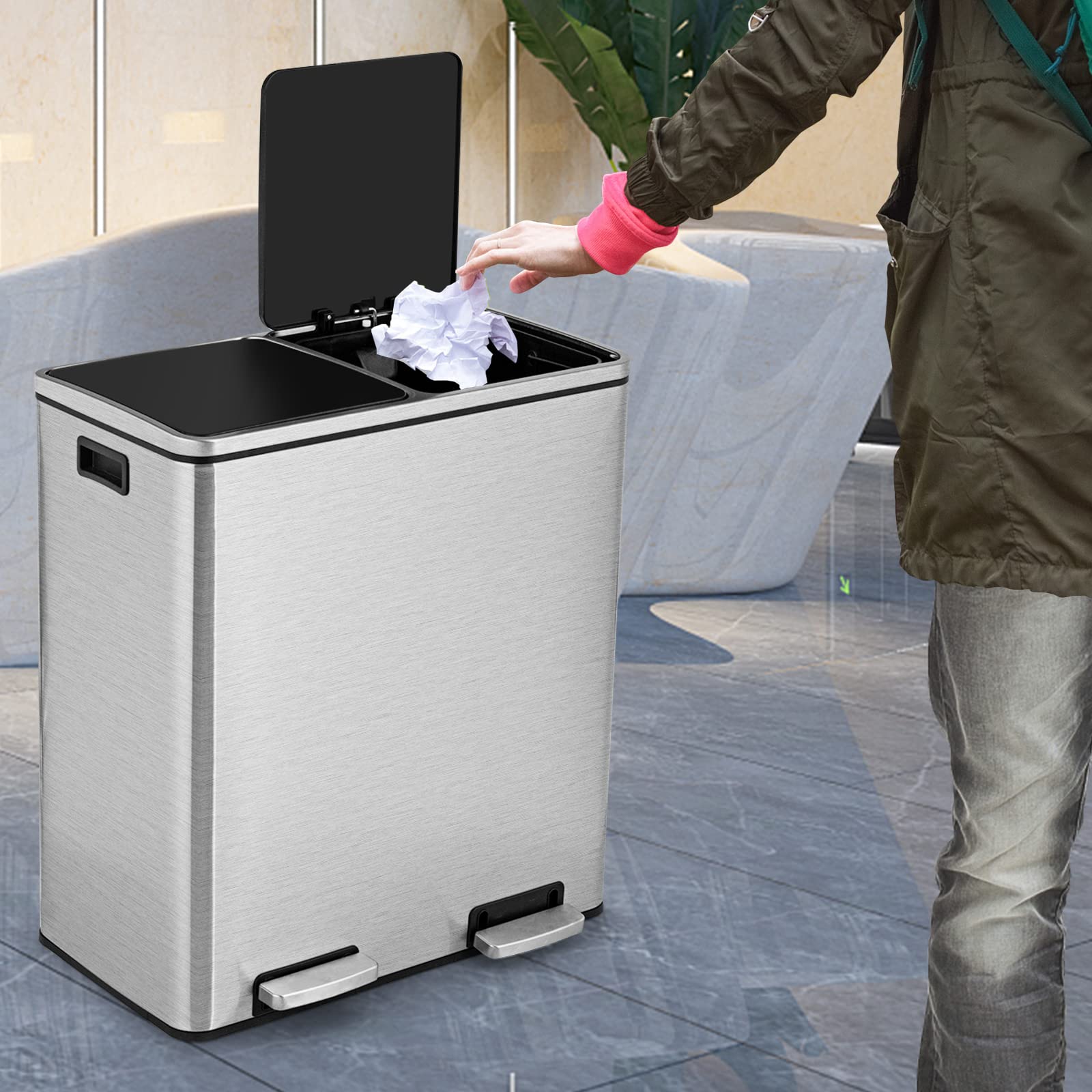 COSTWAY Cubo de Basura de 60 L, 2 x 30 L, Papelera de Basura Reciclaje de Acero Inoxidable con Compartimentos 2, Pedal, Cubos Internos de Plástico y Tapas con Bisagras, Manijas, Cierre Suave