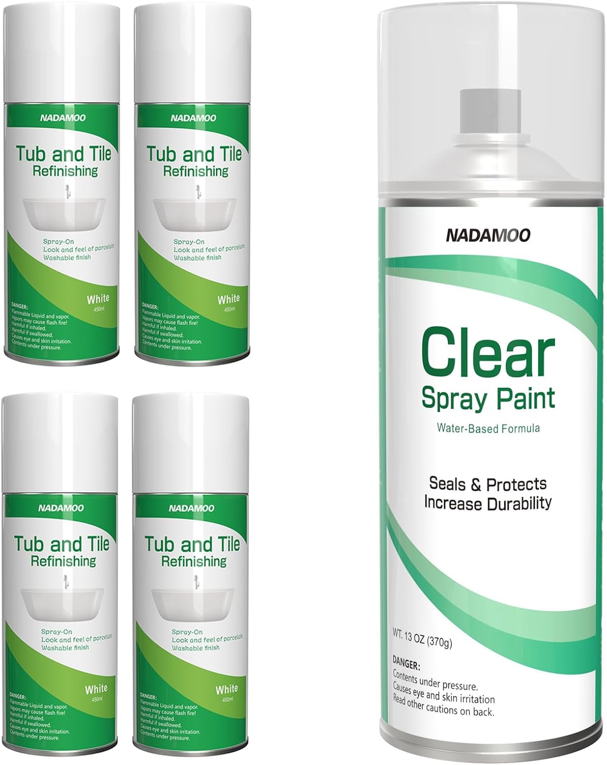 NADAMOO Acrylic Clear Coat 1 Can & Tub and Tile Spray Paint White, 4 Cans