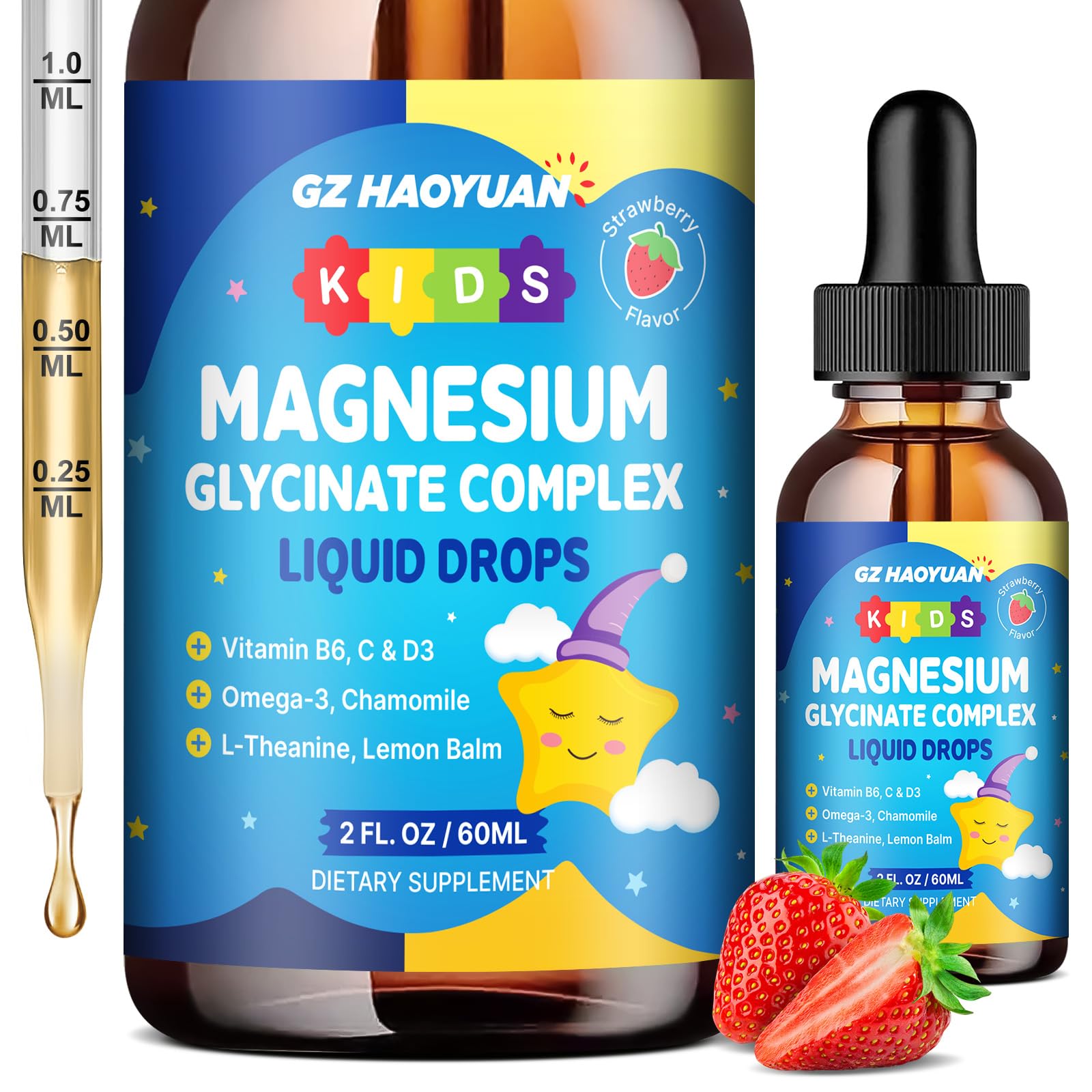 Kids Magnesium Glycinate Liquid Drops‌ – with L-Theanine, Omega-3, Vitamins B6 & D3, Zinc & Calcium – for Sleep Support, Relaxation, Focus & Brain, Bones – Strawberry Flavor, 2 Fl Oz Strawberry 2 Fl Oz (Pack of 1)
