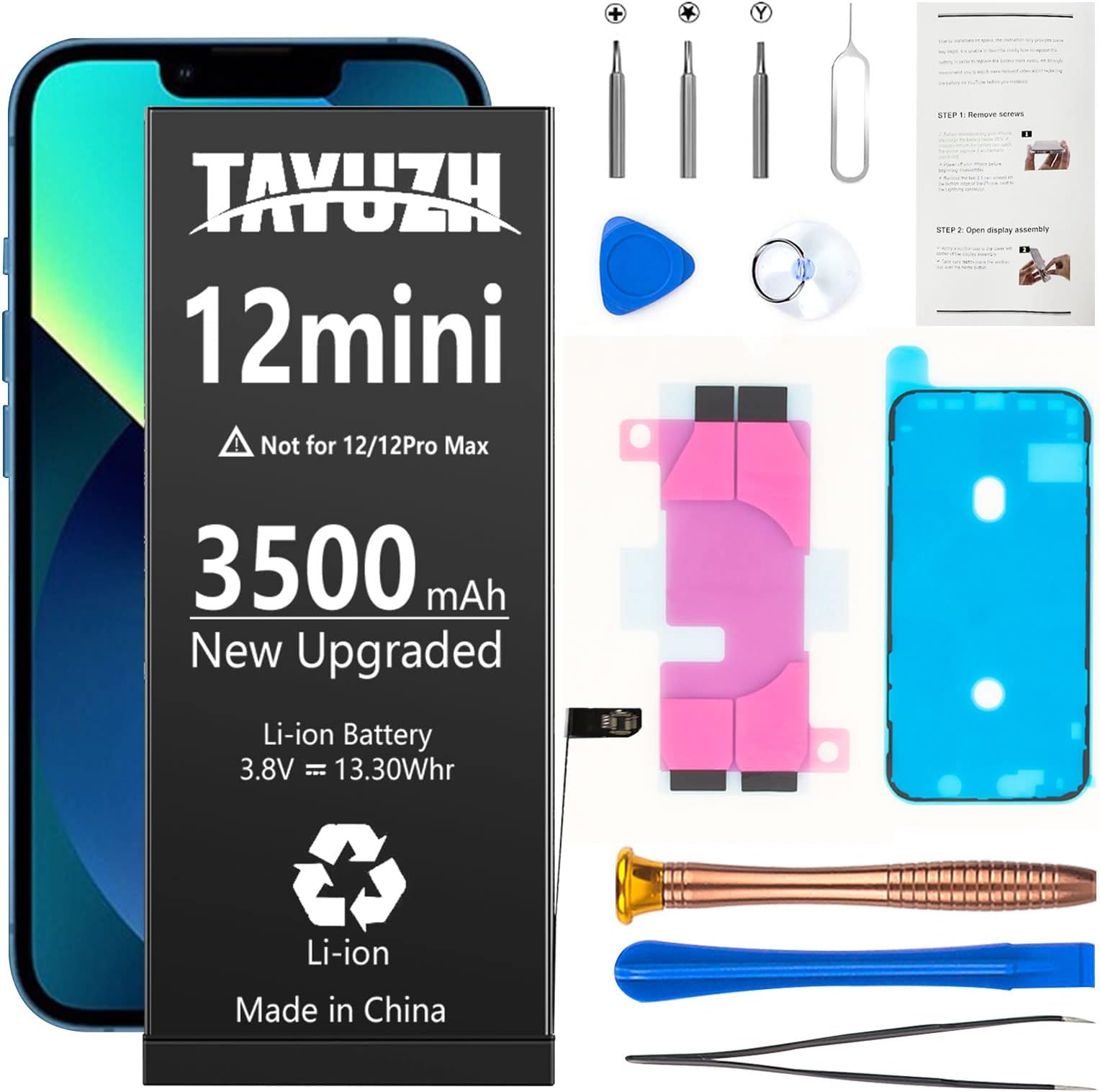 Battery for iPhone 12 Mini Ultra High Capacity Replacement Battery for iPhone 12 Mini A2399 A2400 A2398 A2176 with Professional Repair Tool Kit and Instruction