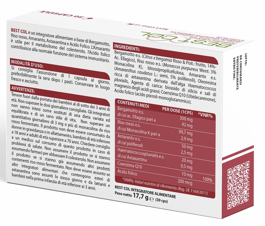 BEST COL Nuova Formula - Integratore Alimentare a Base di Bergamotto, Amaranto, Astaxantina, Coenzima Q-10, Riso Rosso e Acido Folico. 30 capsule