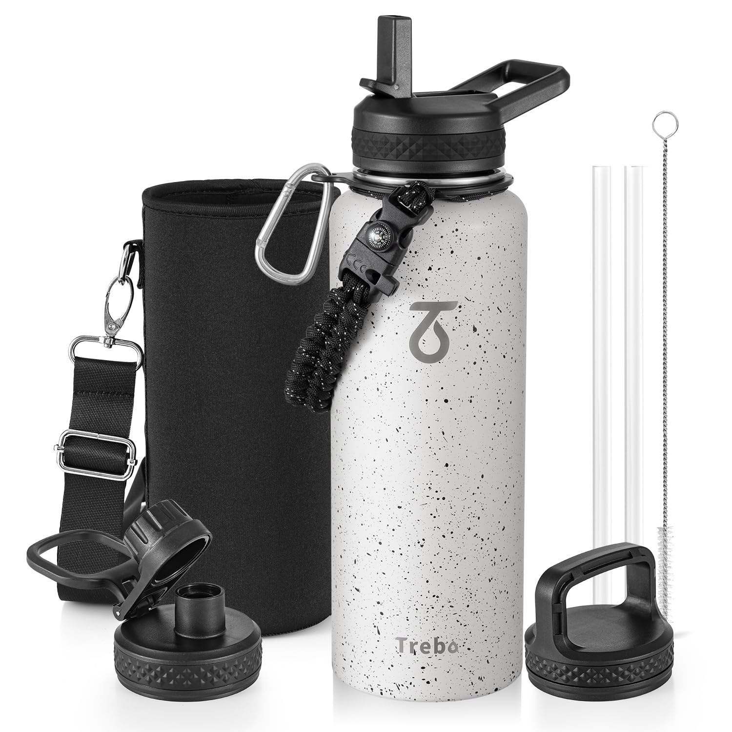 Trebo Borraccia Termica, Borraccia con Cannuccia Borraccia acciaio inox fredda per 48 ore Borraccia Termica Bottiglia in Metallo con Manico in Paracord, 1183 ml, Bianco