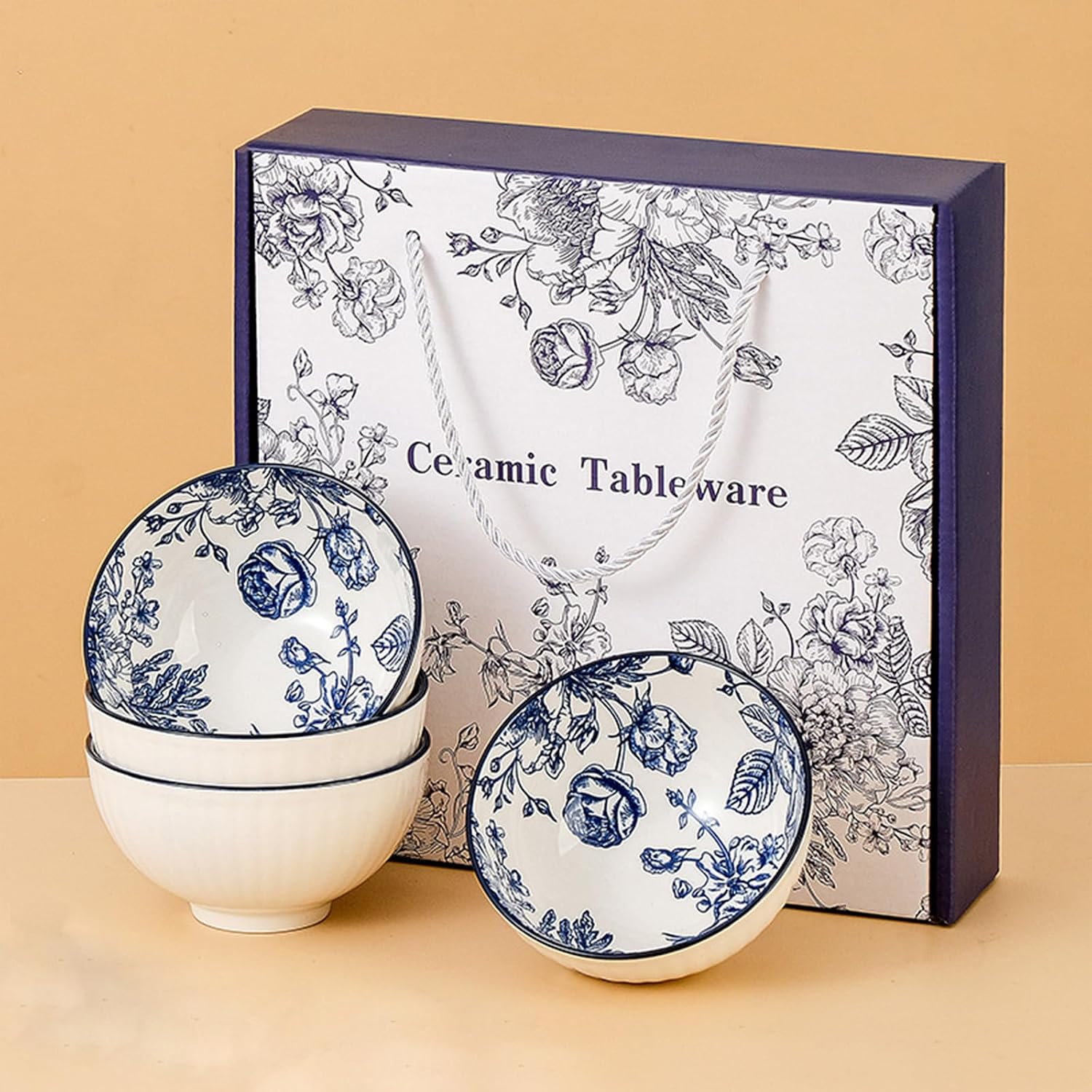 4-Pack Floral Design Ceramic Bowl, 4.5-Inch Small Rice Bowl Gift Set (Blue)