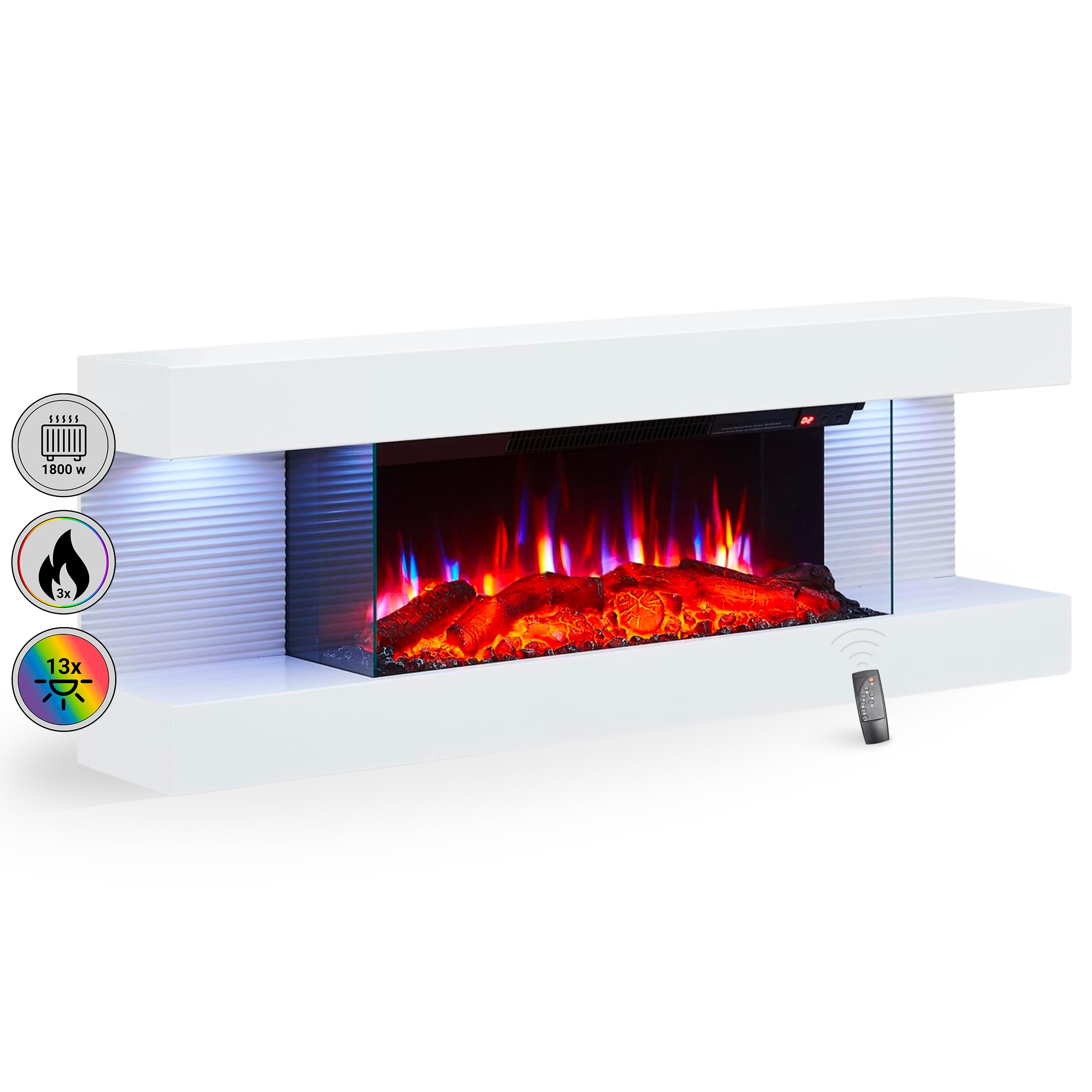 BALDERIA Chimenea eléctrica Lumina | Chimenea eléctrica de pared con efecto de llama 3D | Calefacción eléctrica 1000/2000 W, iluminación LED, chimenea con mando a distancia, temporizador y termostato,