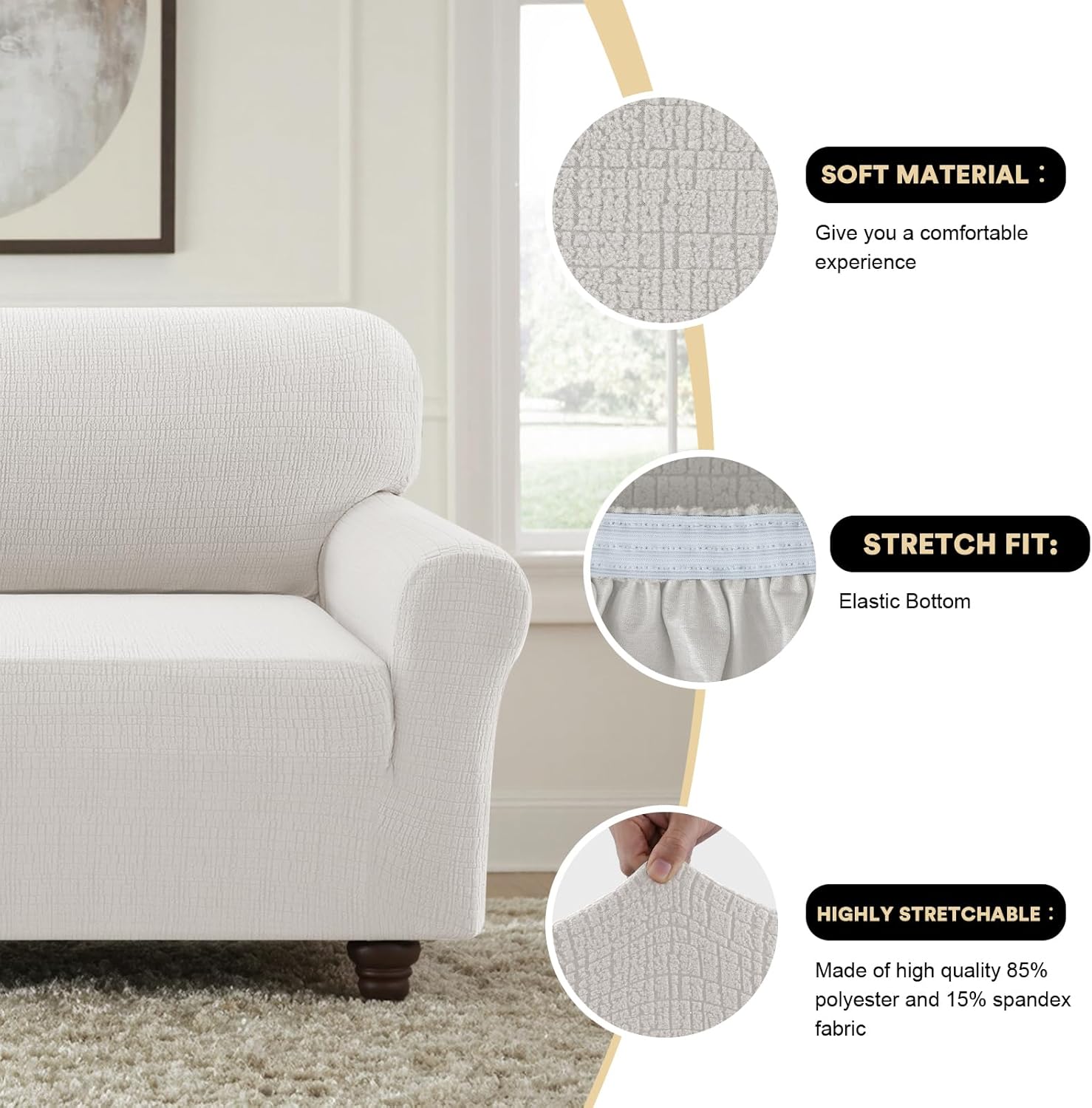 PrinceDeco Waterproof Couch Cover Slipcovers for Sofas,Stretch Jacquard Loveseat Couch Cover,Love Seat Sofa Covers Washable Furniture Protector for Kids (Loveseat Seat Width 38"-46" Pale Oak)